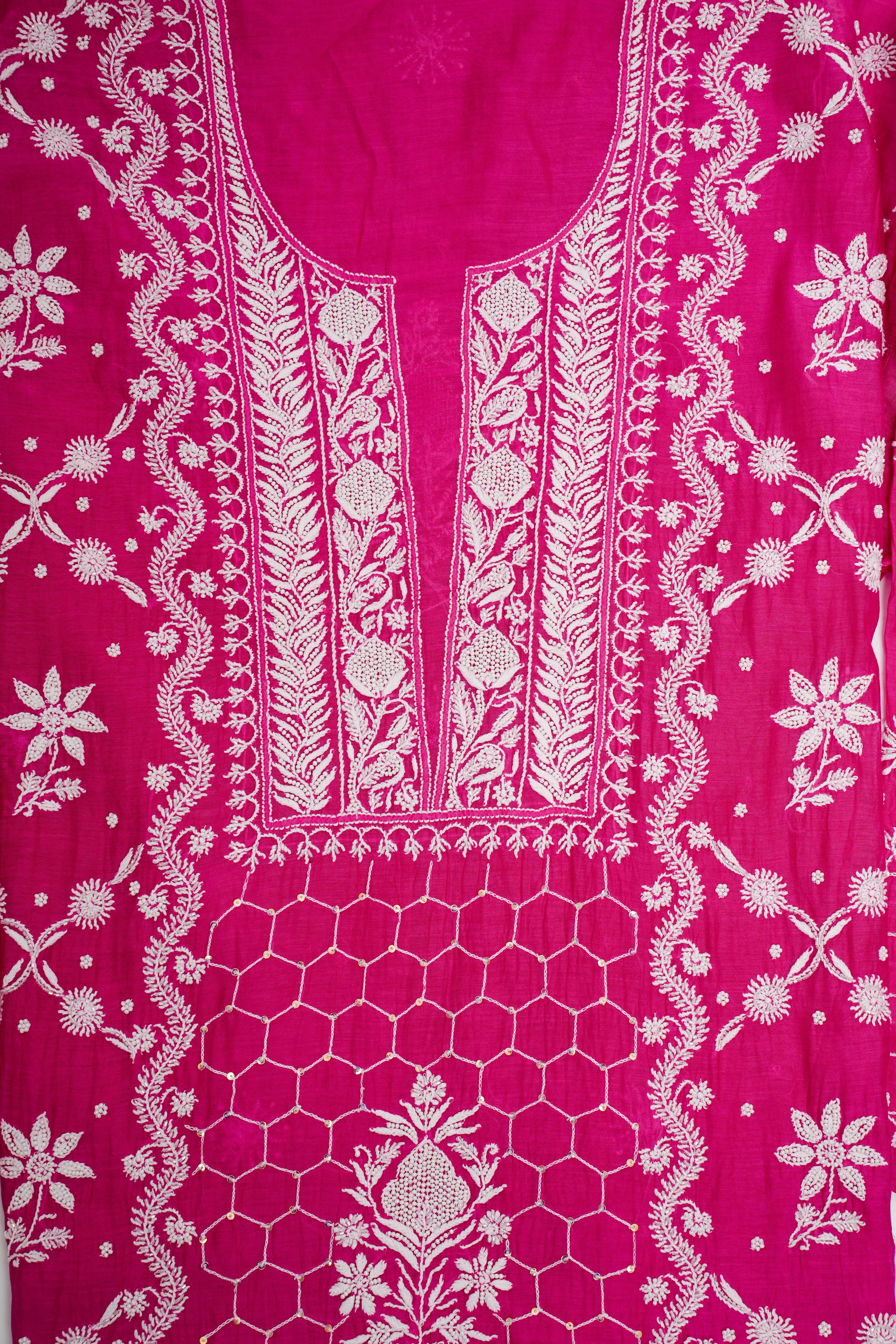 Mul Chanderi Chikankari Suit with Cutdana Moti & Sequin Work(2 Piece, semi-stitched, Hot Pink)