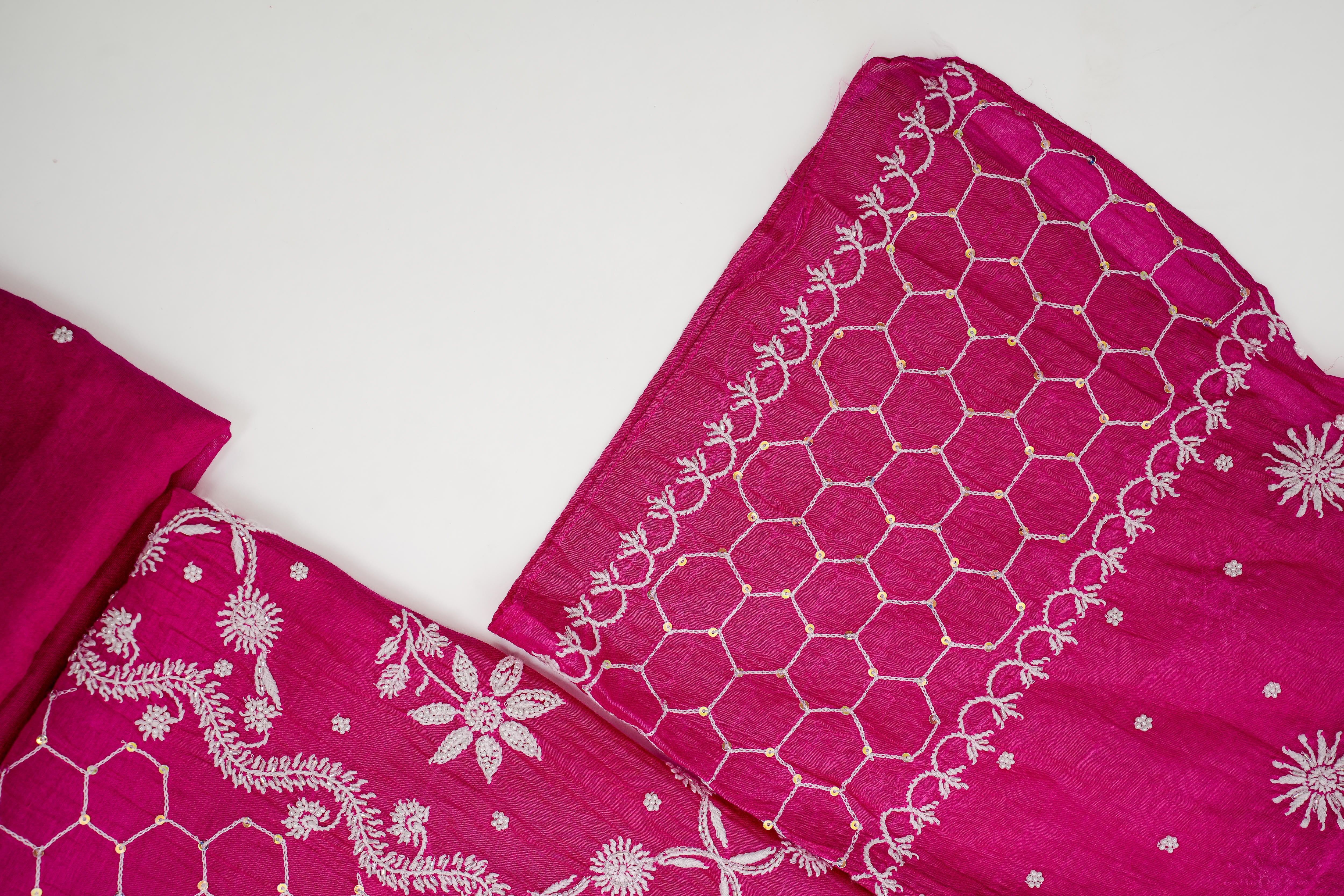 Mul Chanderi Chikankari Suit with Cutdana Moti & Sequin Work(2 Piece, semi-stitched, Hot Pink)