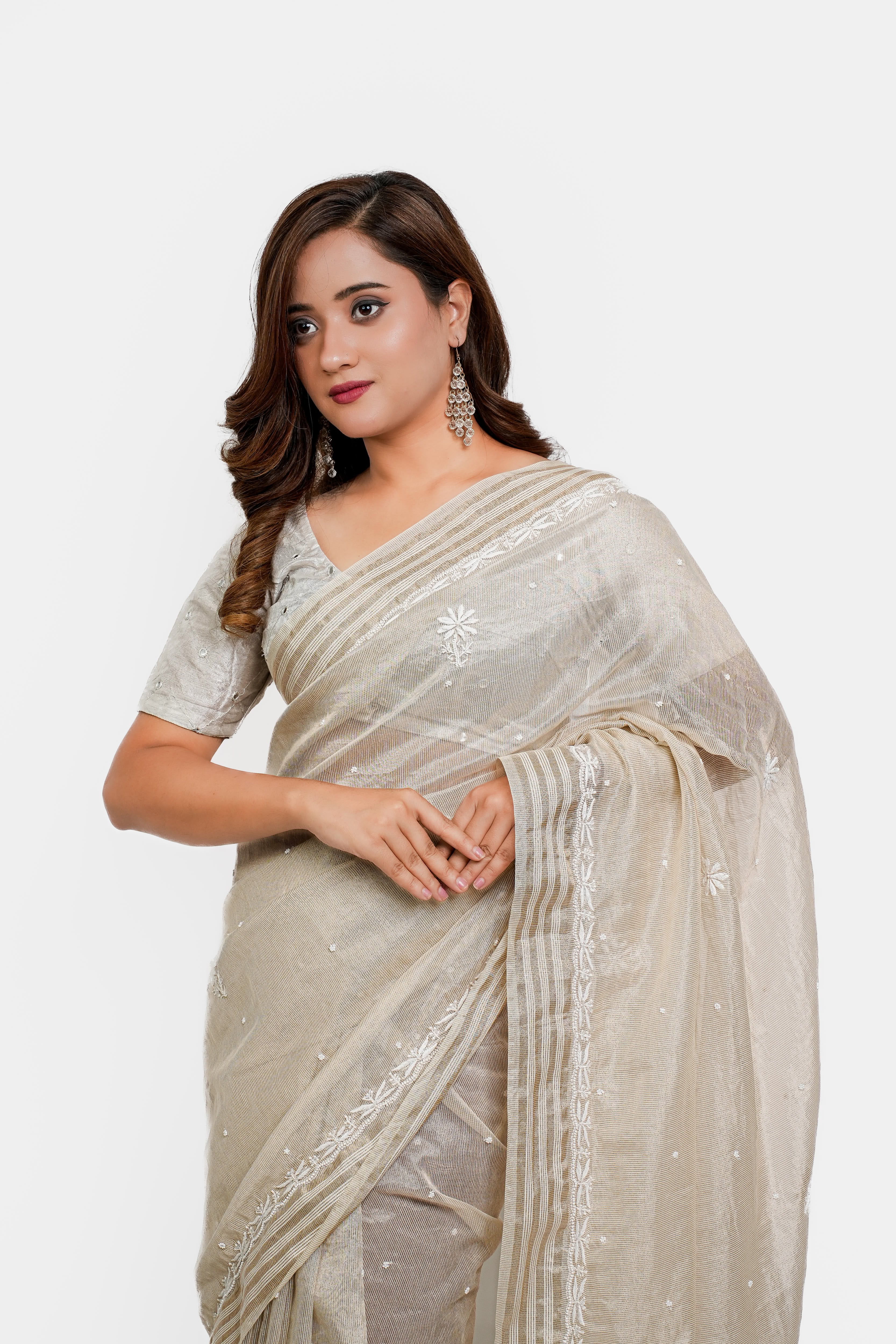 Maheshwari Tissue  Chikankari Saree with Cutdana Moti Work (Beige)