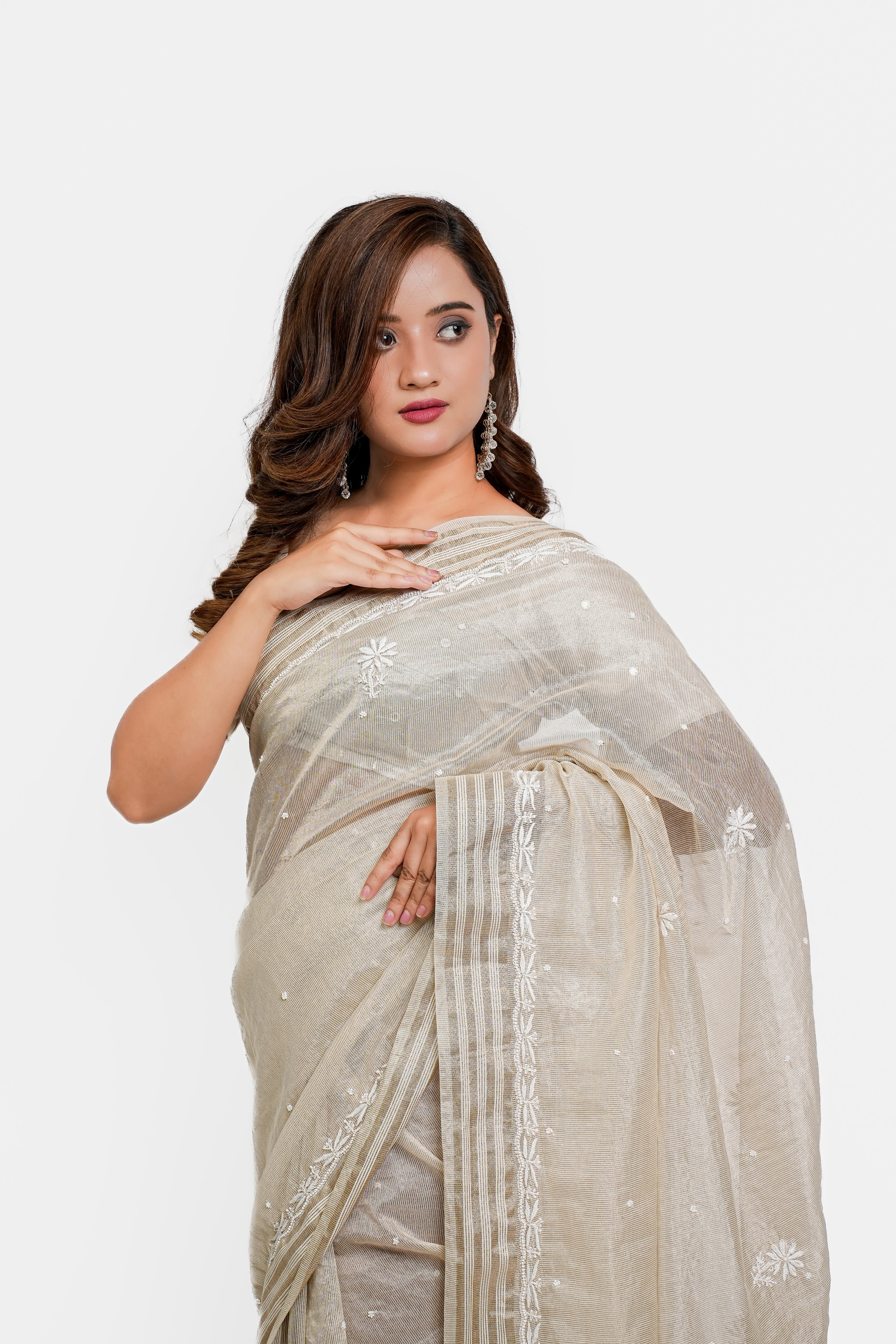 Maheshwari Tissue  Chikankari Saree with Cutdana Moti Work (Beige)