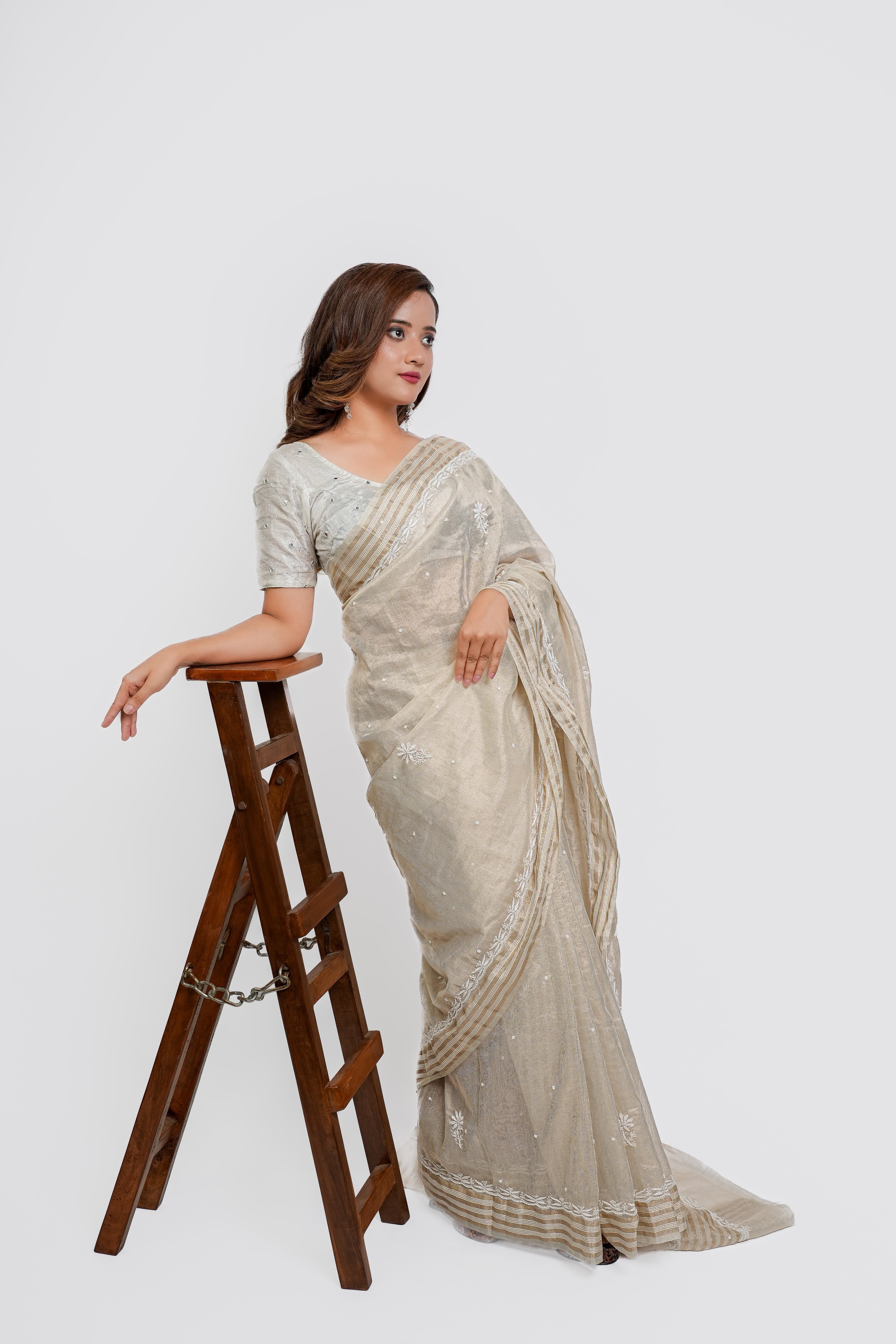 Maheshwari Tissue  Chikankari Saree with Cutdana Moti Work (Beige)