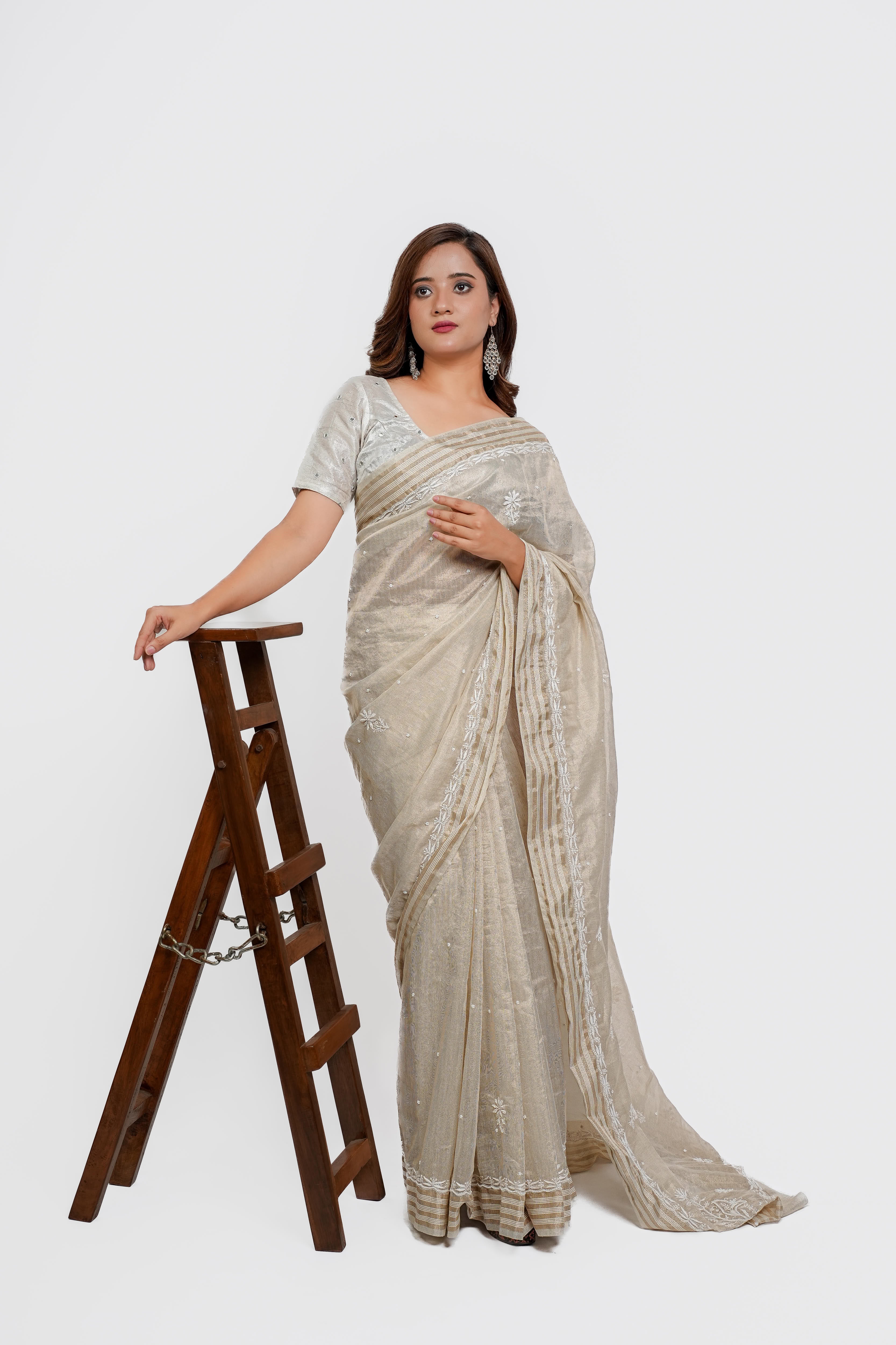 Maheshwari Tissue  Chikankari Saree with Cutdana Moti Work (Beige)