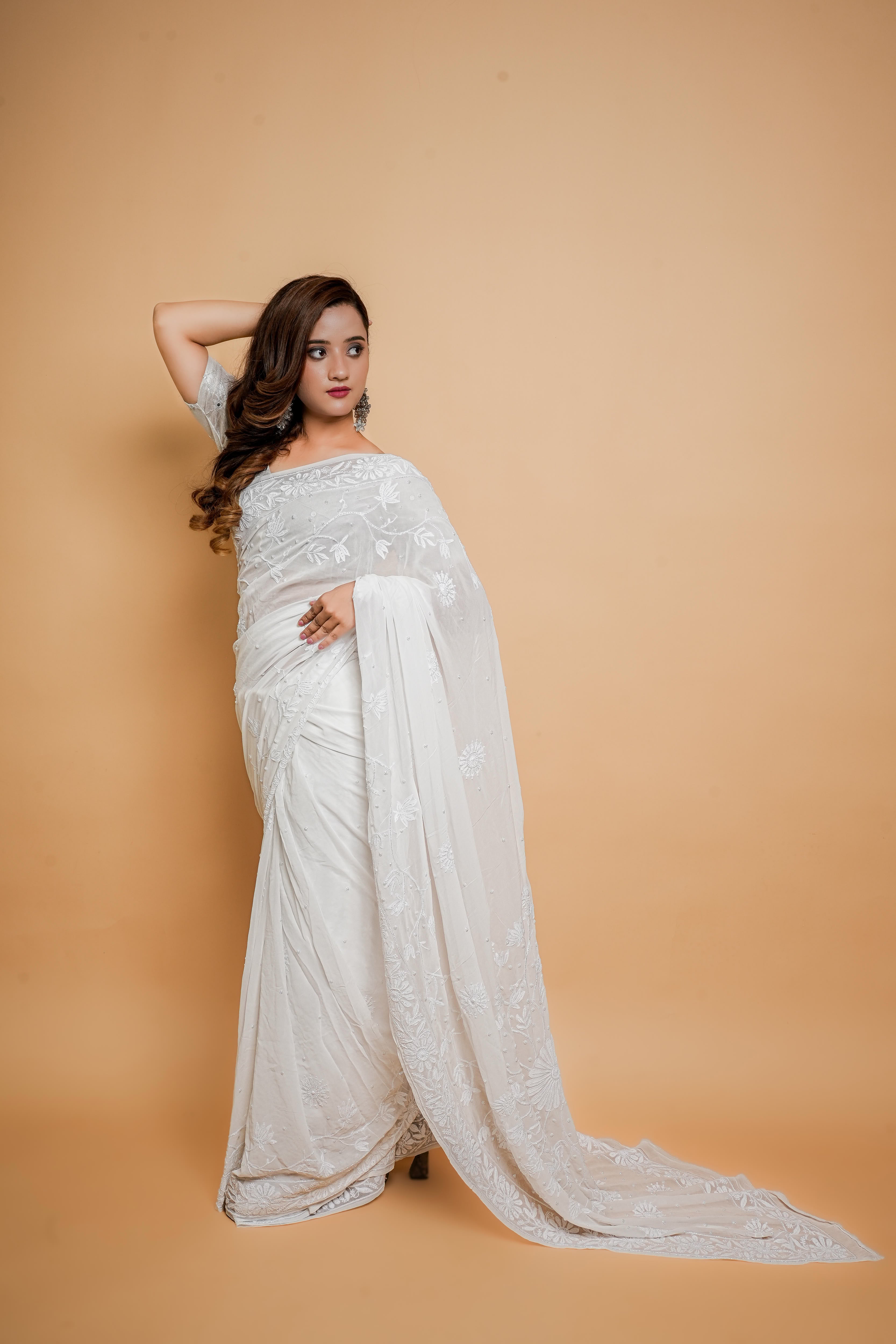 Georgette Chikankari Saree with Cutdana Moti & Shadow Work (Double Border, White)