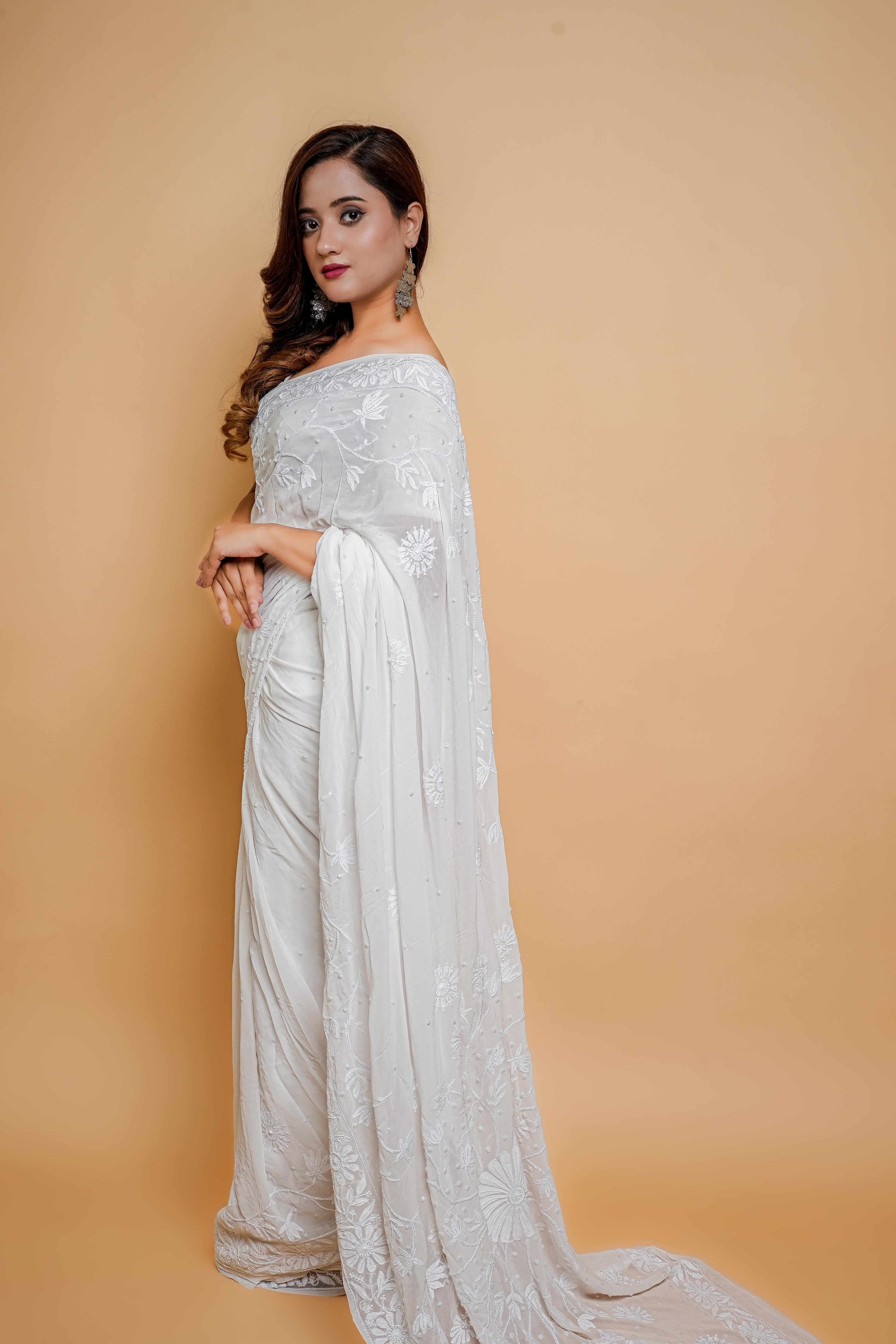 Georgette Chikankari Saree with Cutdana Moti & Shadow Work (Double Border, White)