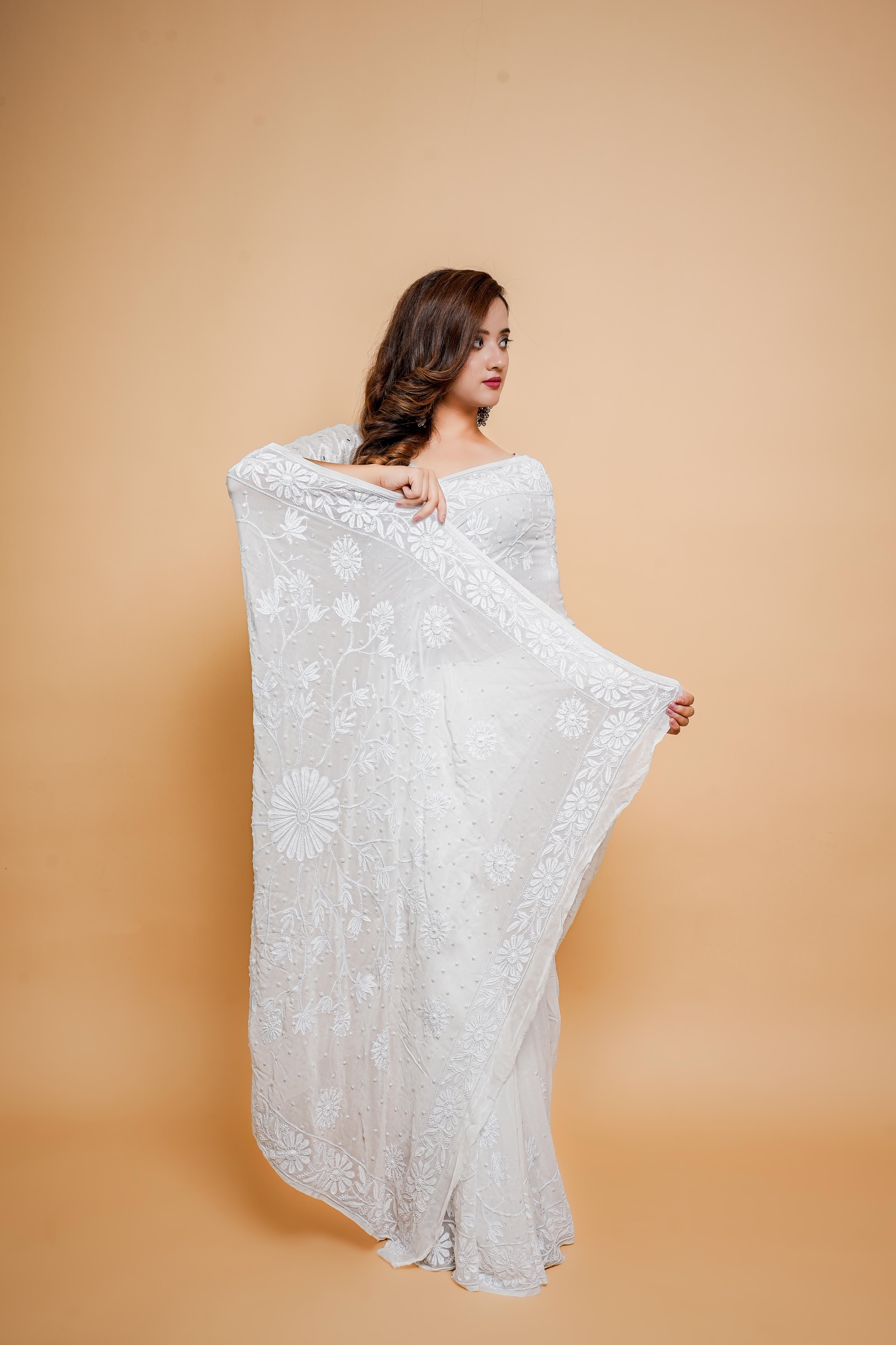 Georgette Chikankari Saree with Cutdana Moti & Shadow Work (Double Border, White)