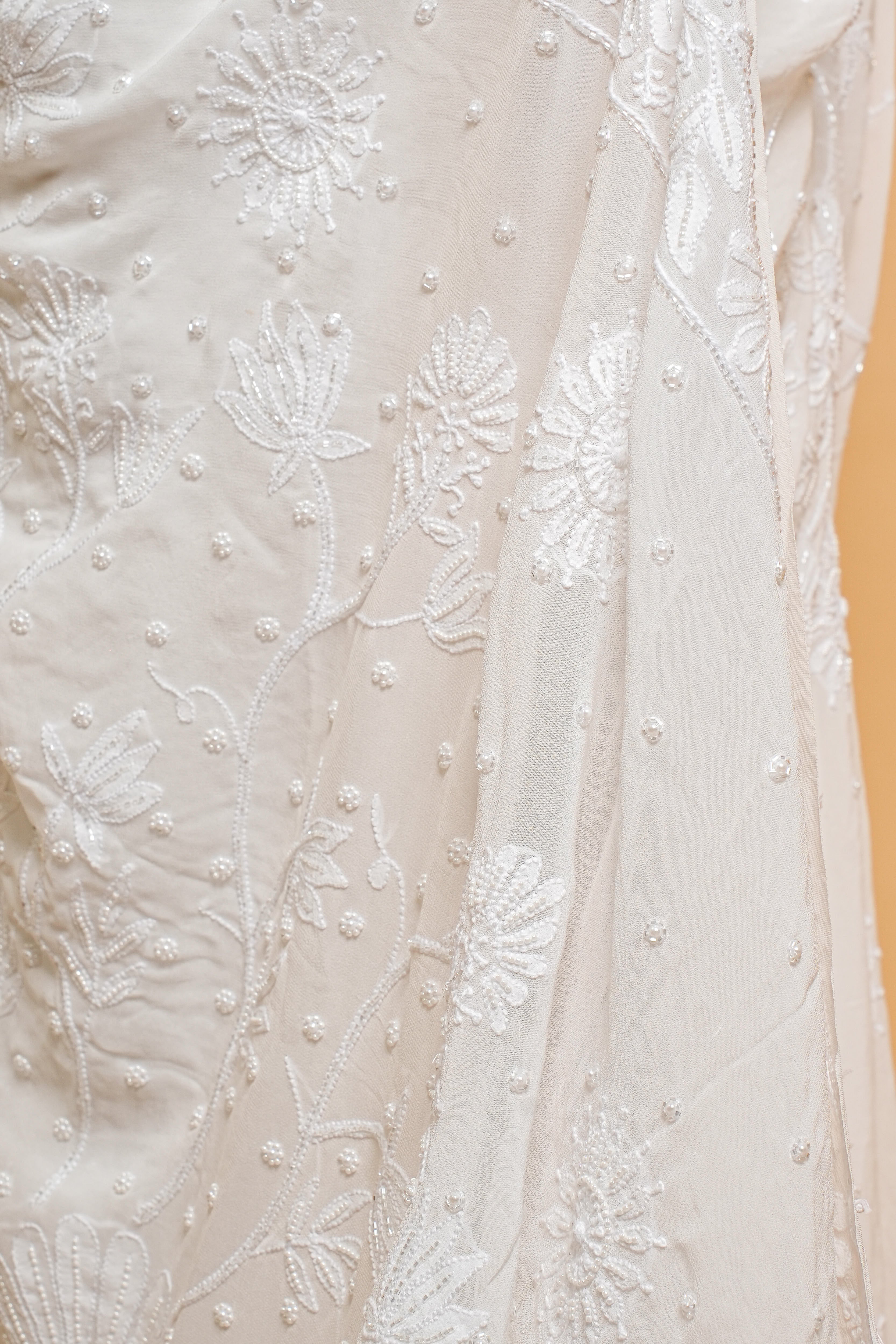 Georgette Chikankari Saree with Cutdana Moti & Shadow Work (Double Border, White)