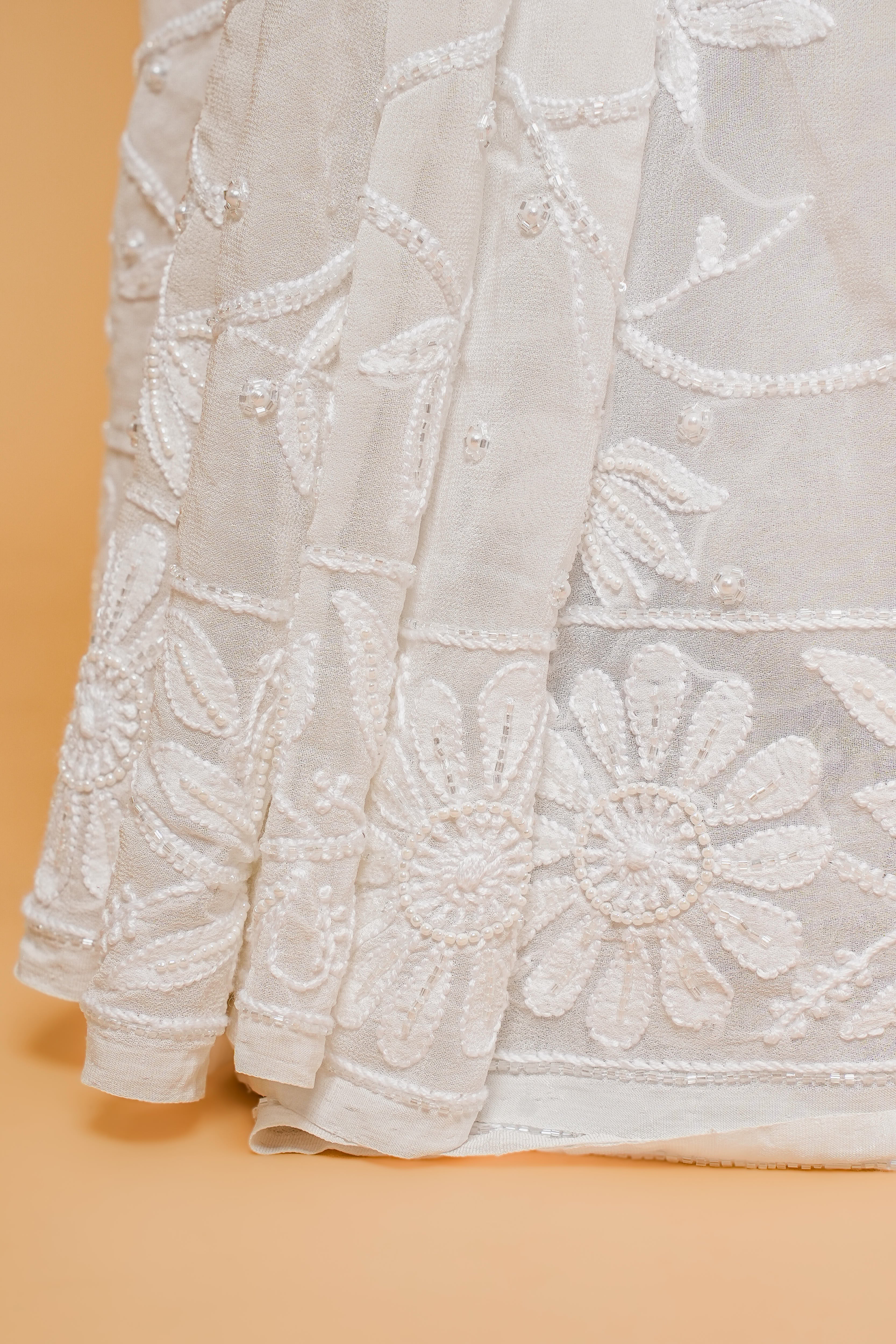 Georgette Chikankari Saree with Cutdana Moti & Shadow Work (Double Border, White)