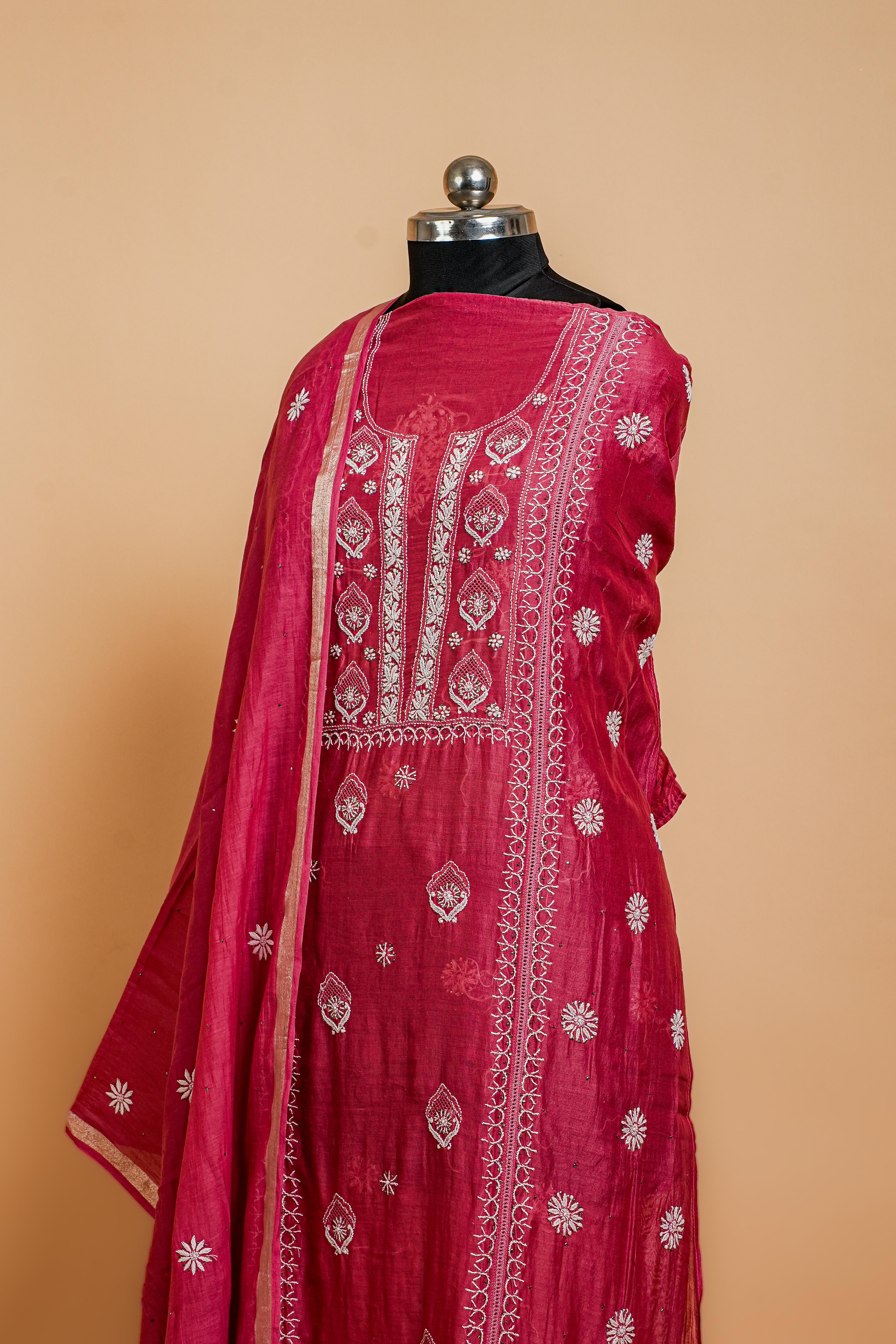 Mul Chanderi Chikankari Suit (2 Piece, Semi-stitched, Deep Rose)