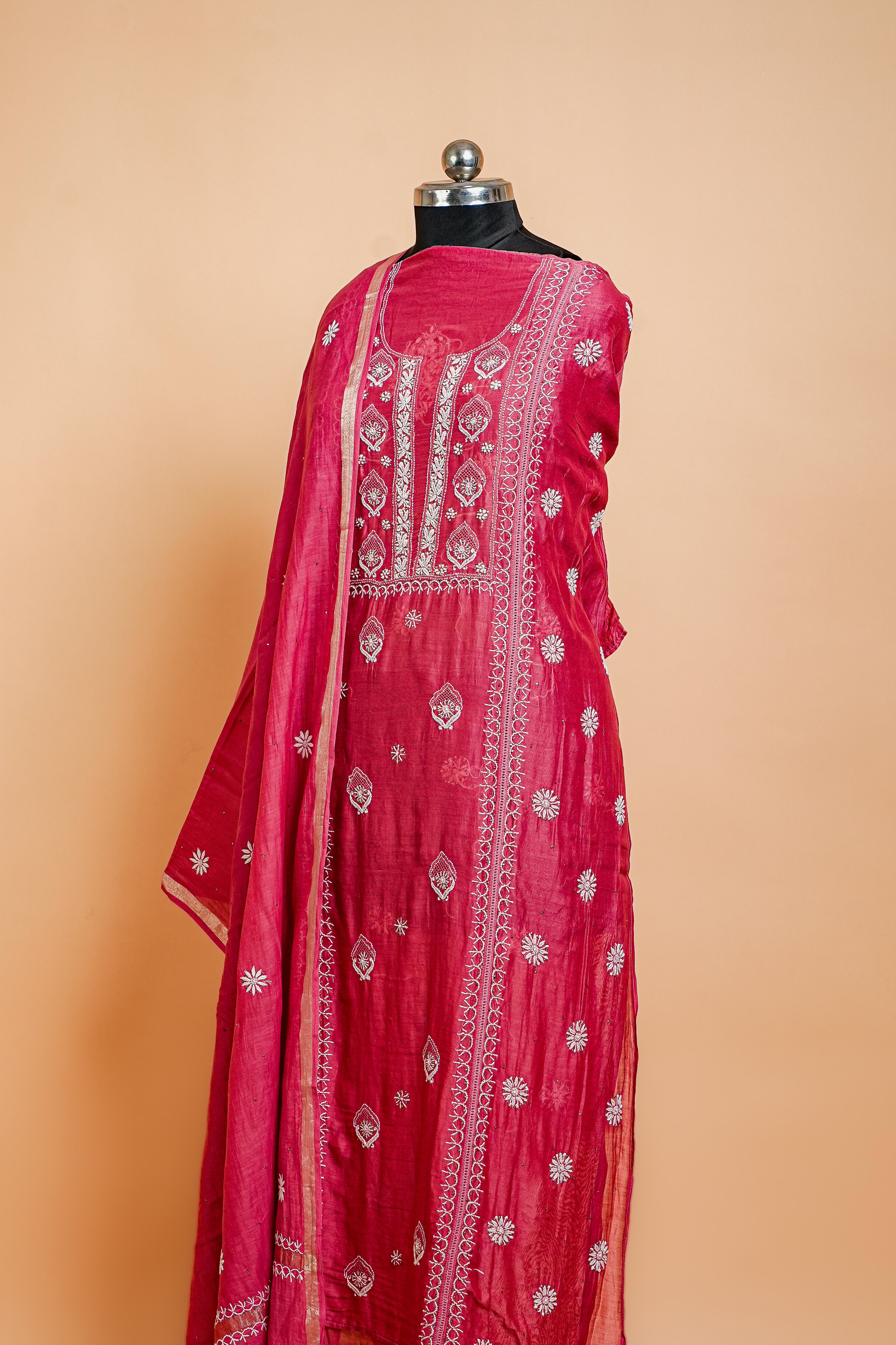 Mul Chanderi Chikankari Suit (2 Piece, Semi-stitched, Deep Rose)