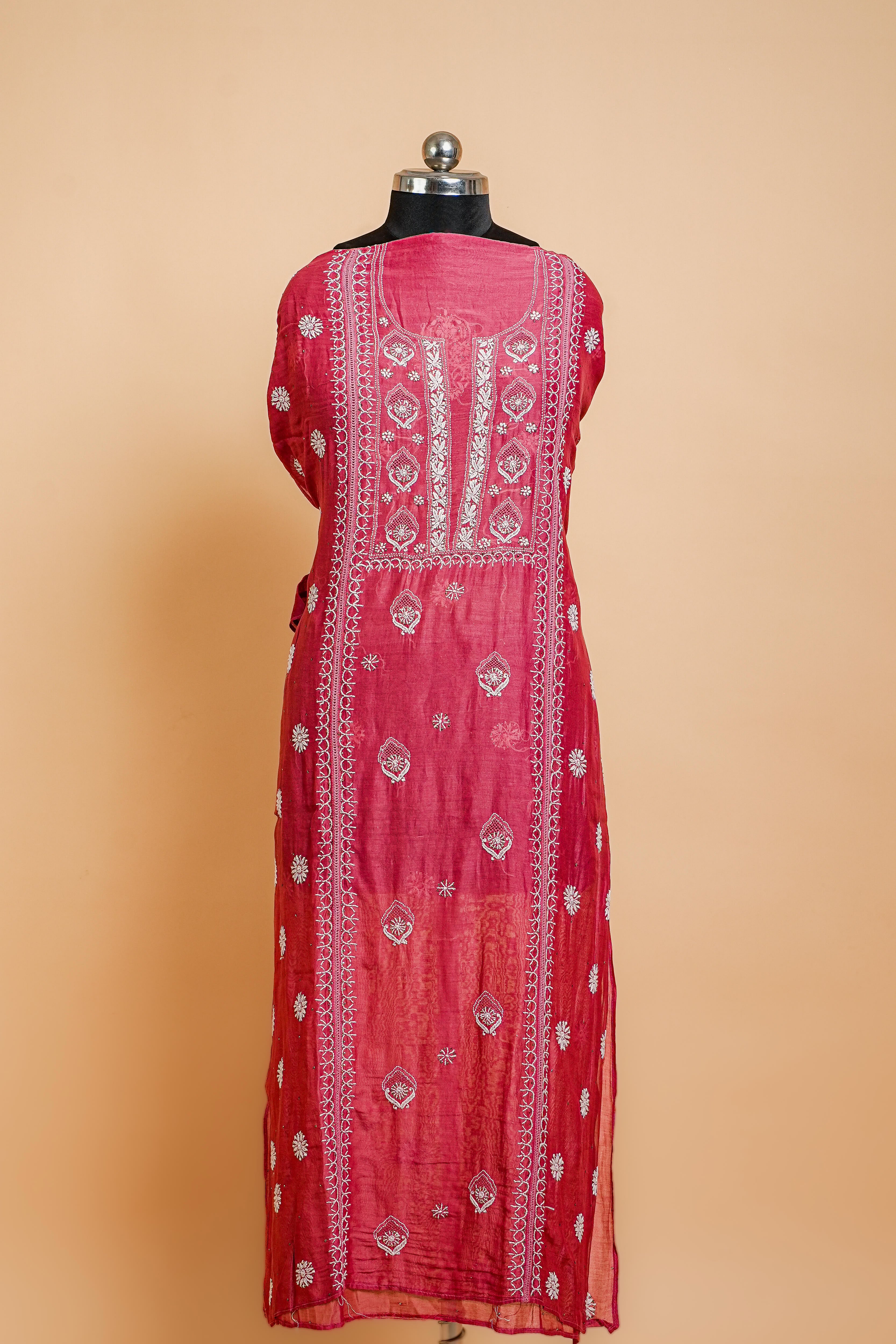 Mul Chanderi Chikankari Suit (2 Piece, Semi-stitched, Deep Rose)