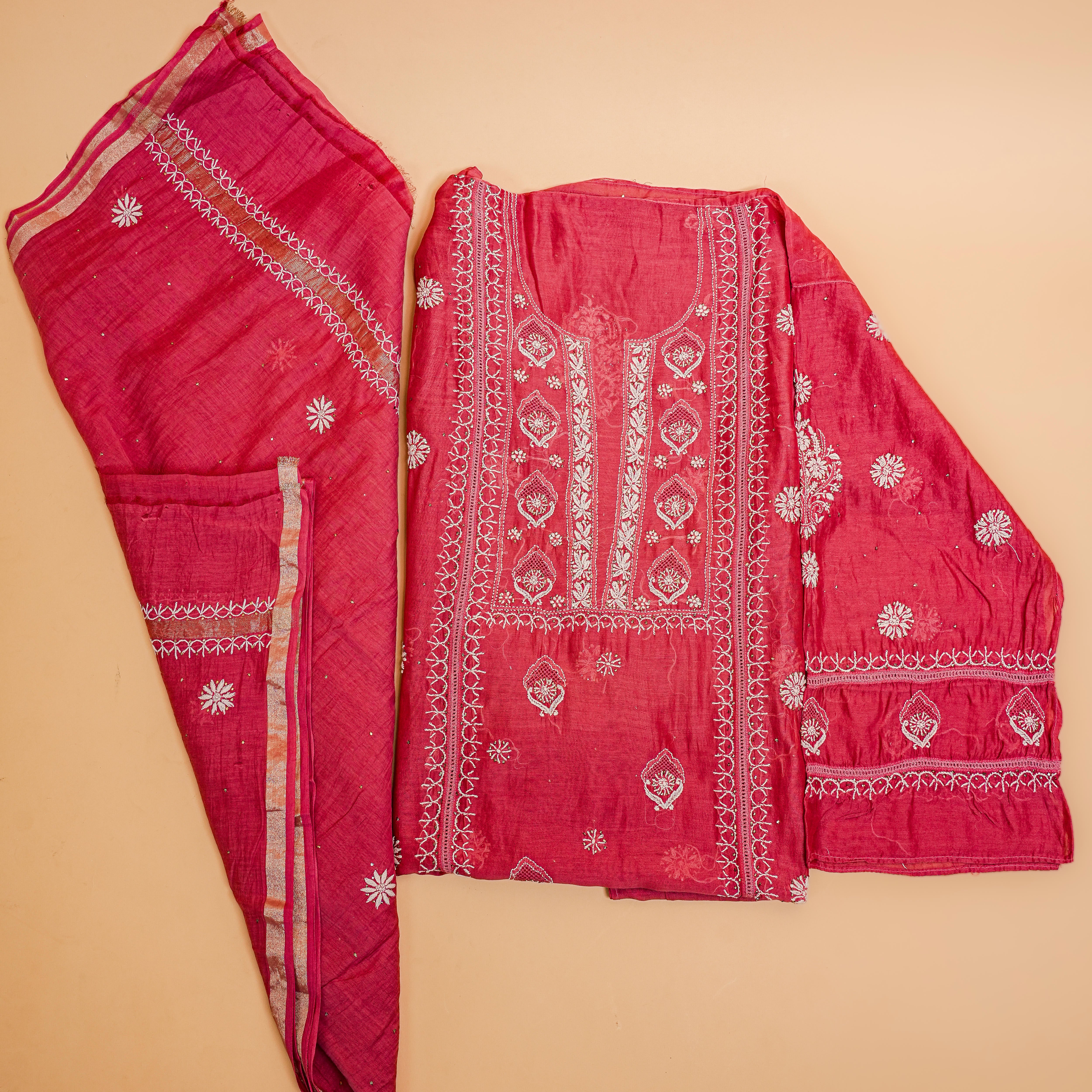 Mul Chanderi Chikankari Suit (2 Piece, Semi-stitched, Deep Rose)