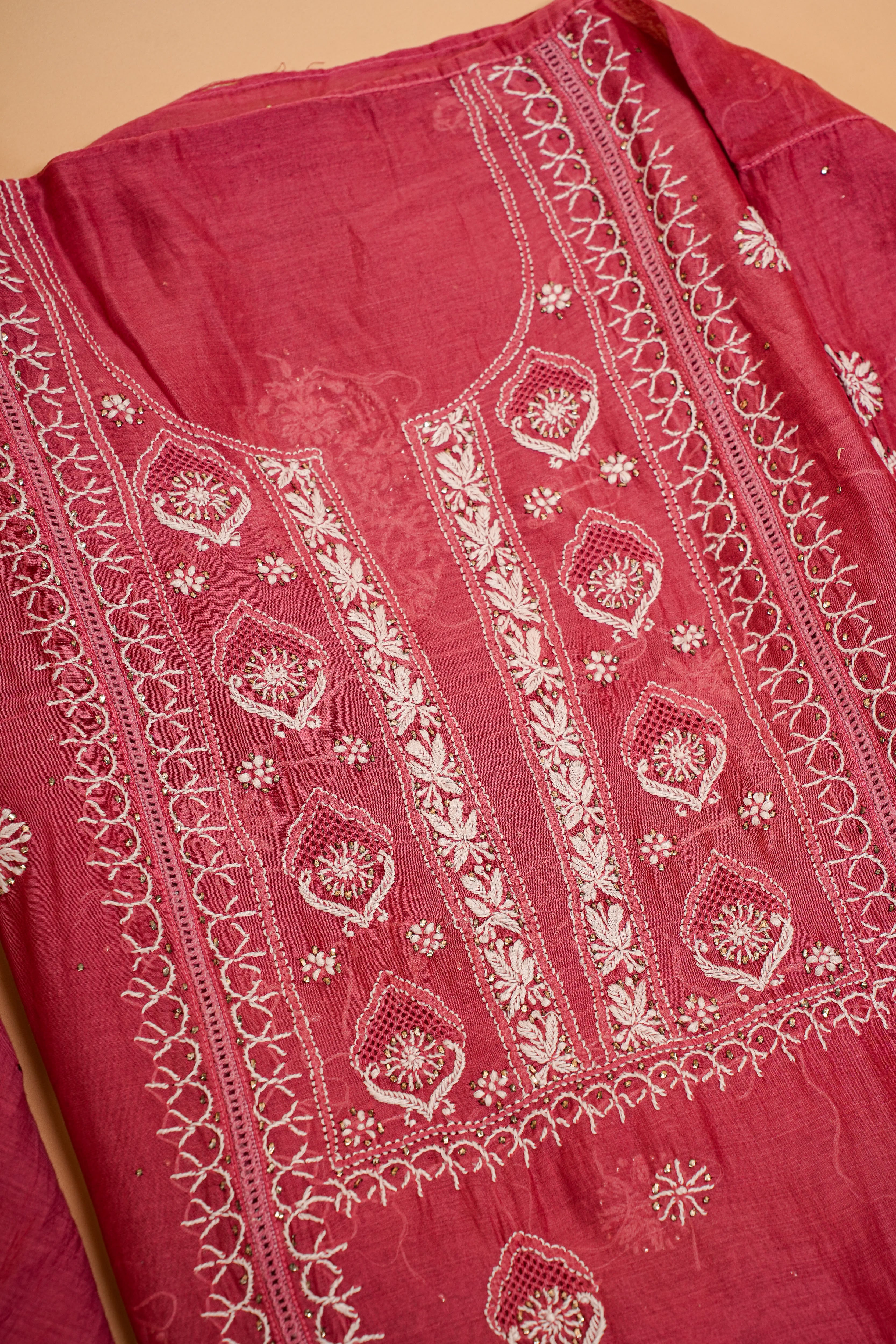 Mul Chanderi Chikankari Suit (2 Piece, Semi-stitched, Deep Rose)