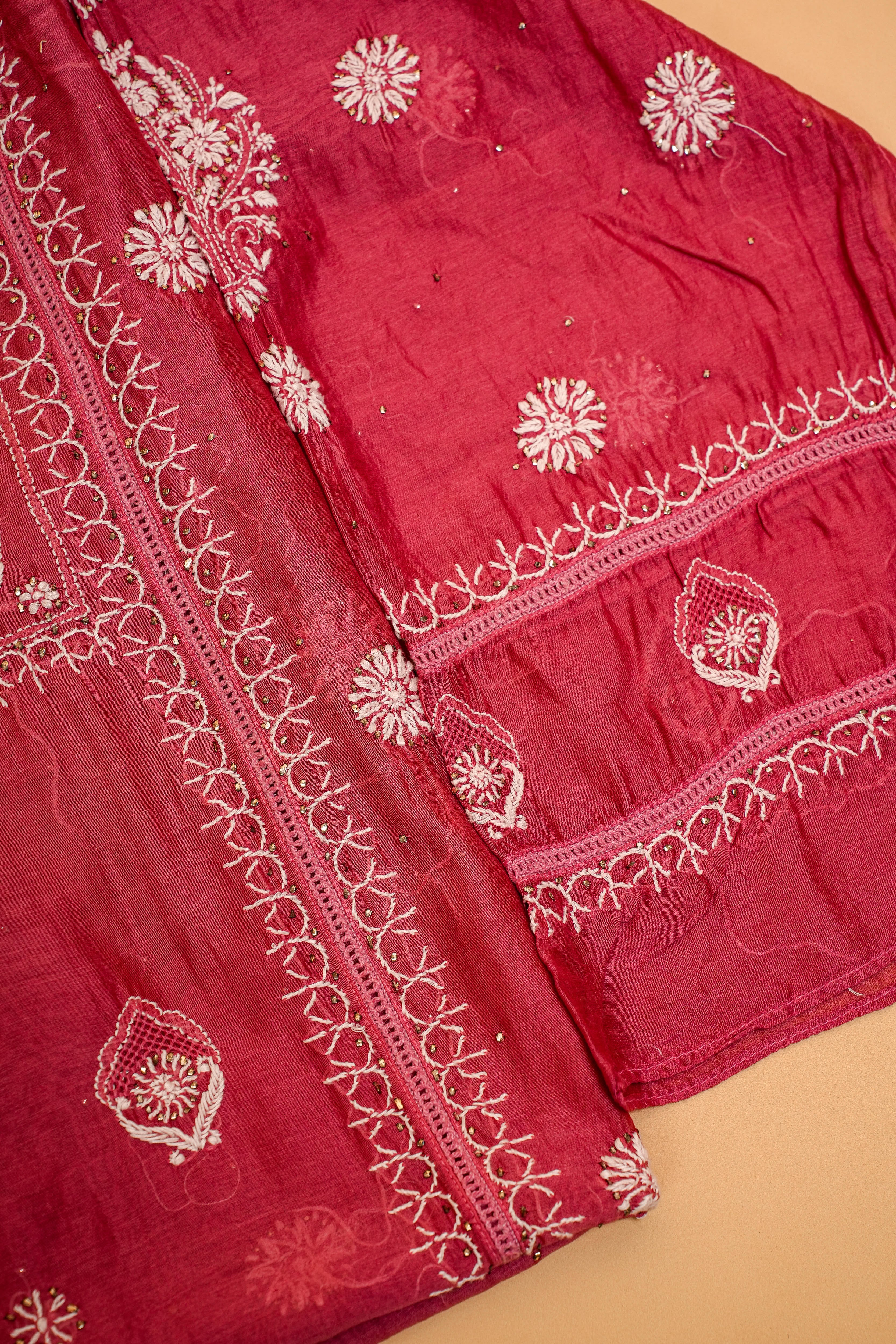 Mul Chanderi Chikankari Suit (2 Piece, Semi-stitched, Deep Rose)