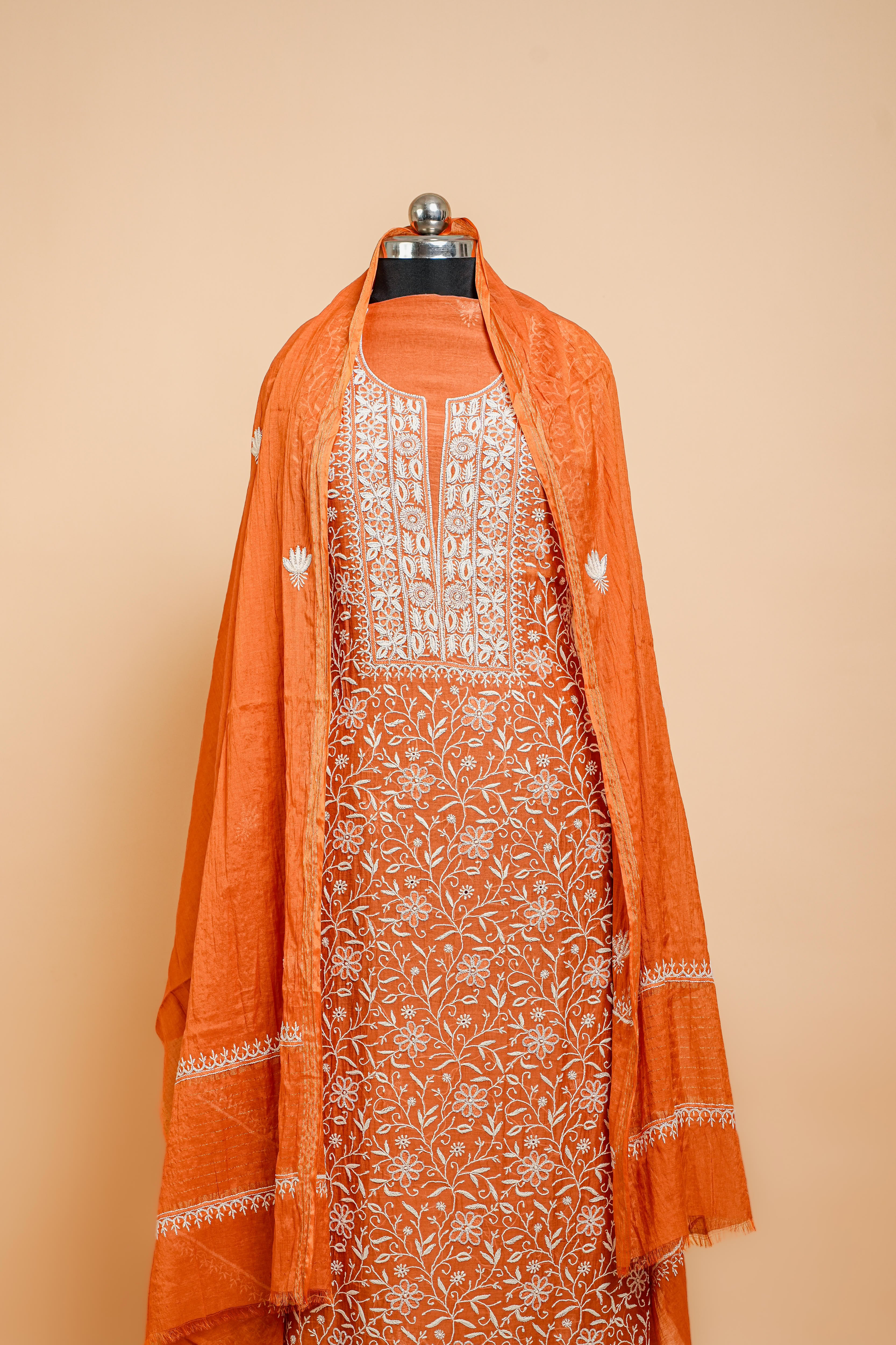 Mul Chanderi Chikankari Suit Cutdana Moti Full Work(2 Piece, Unstitched, Rust Colour)