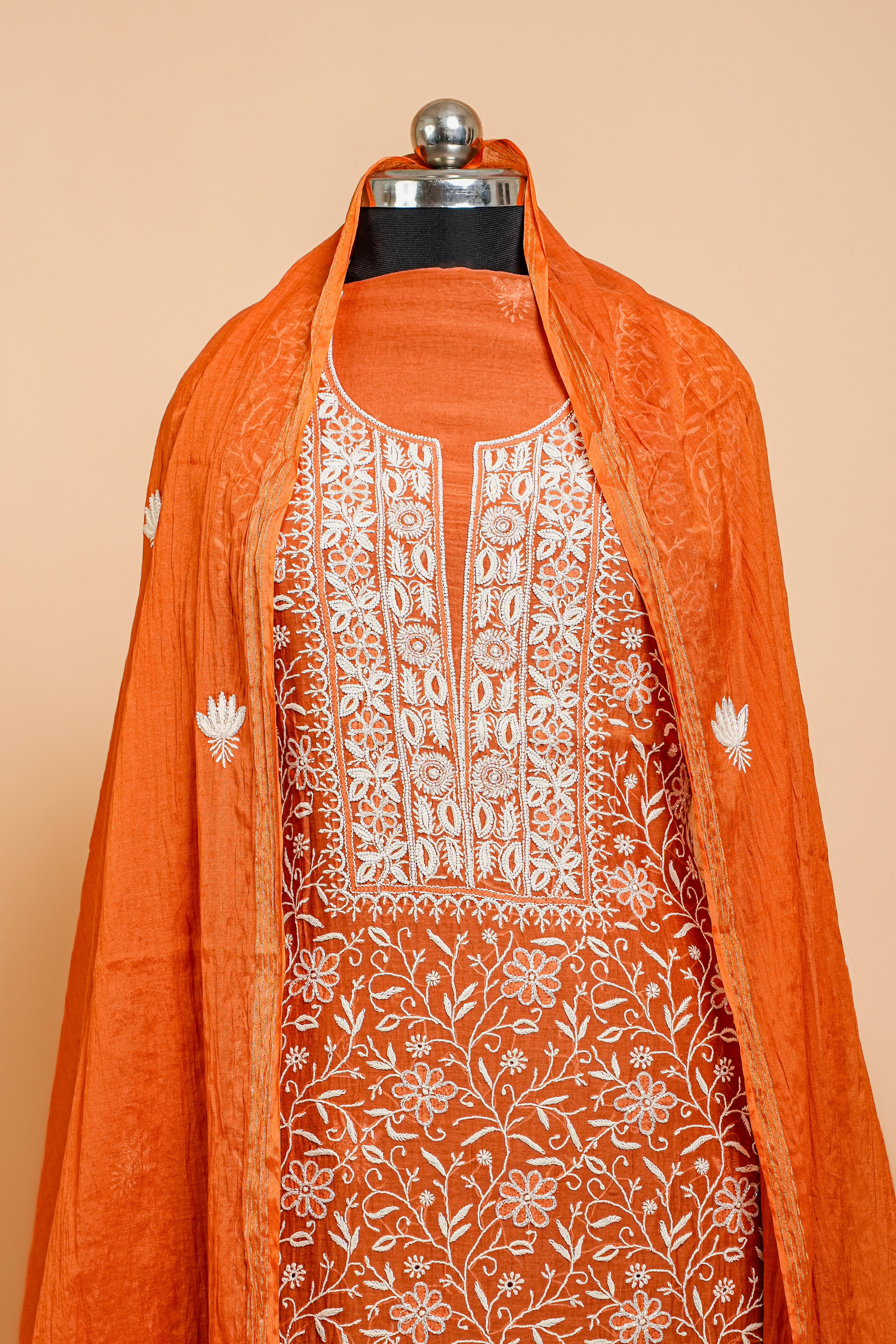 Mul Chanderi Chikankari Suit Cutdana Moti Full Work(2 Piece, Unstitched, Rust Colour)