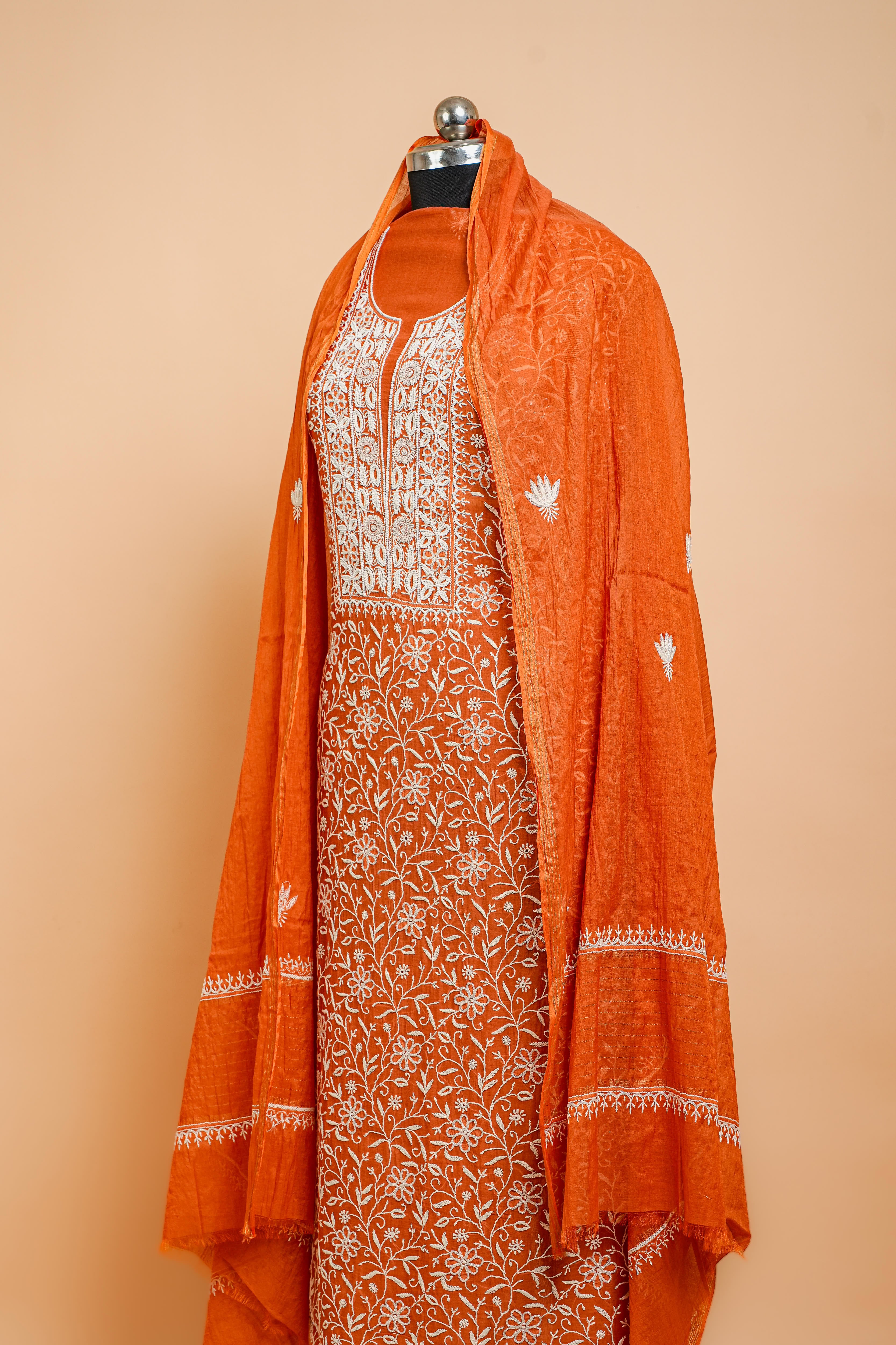 Mul Chanderi Chikankari Suit Cutdana Moti Full Work(2 Piece, Unstitched, Rust Colour)