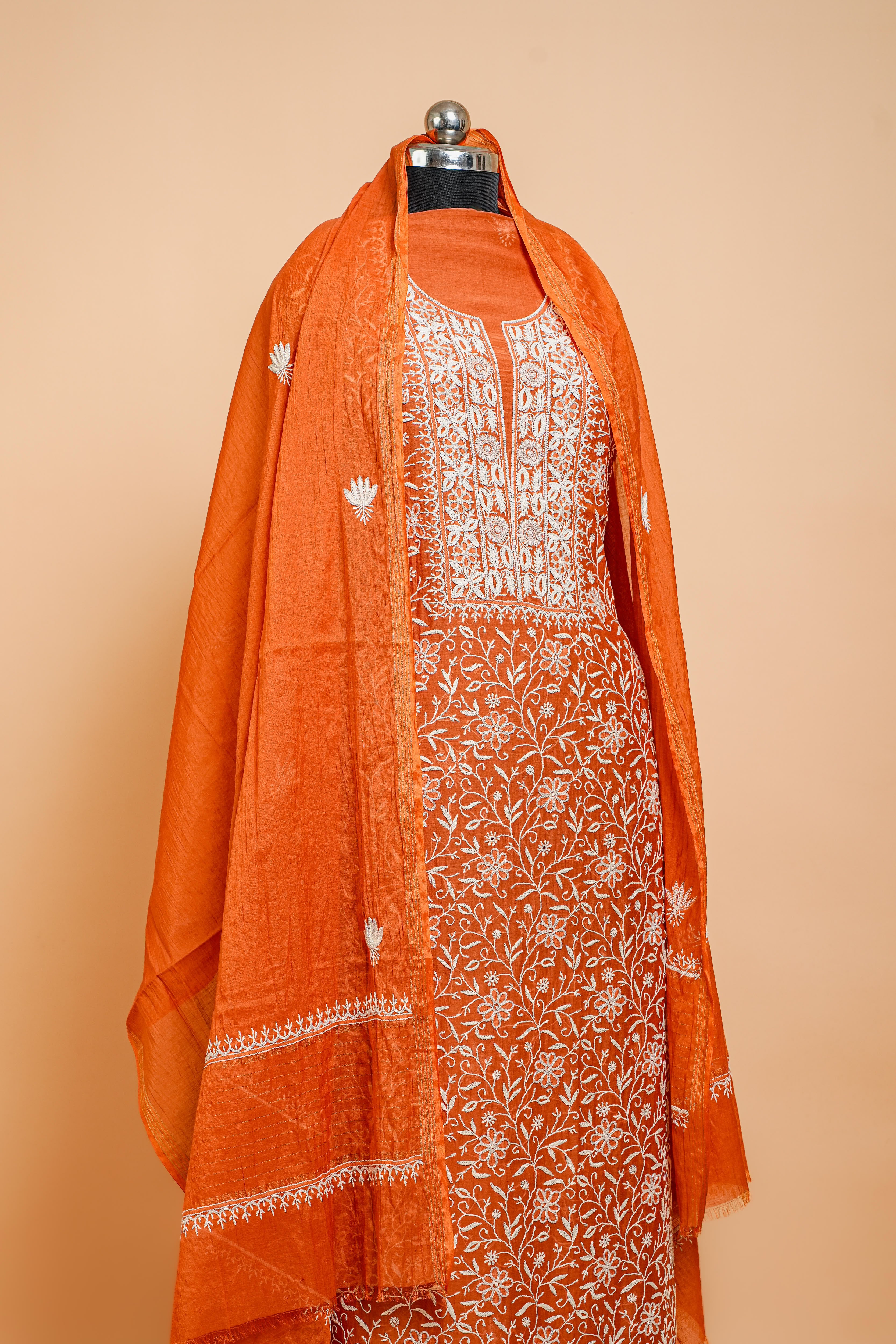 Mul Chanderi Chikankari Suit Cutdana Moti Full Work(2 Piece, Unstitched, Rust Colour)