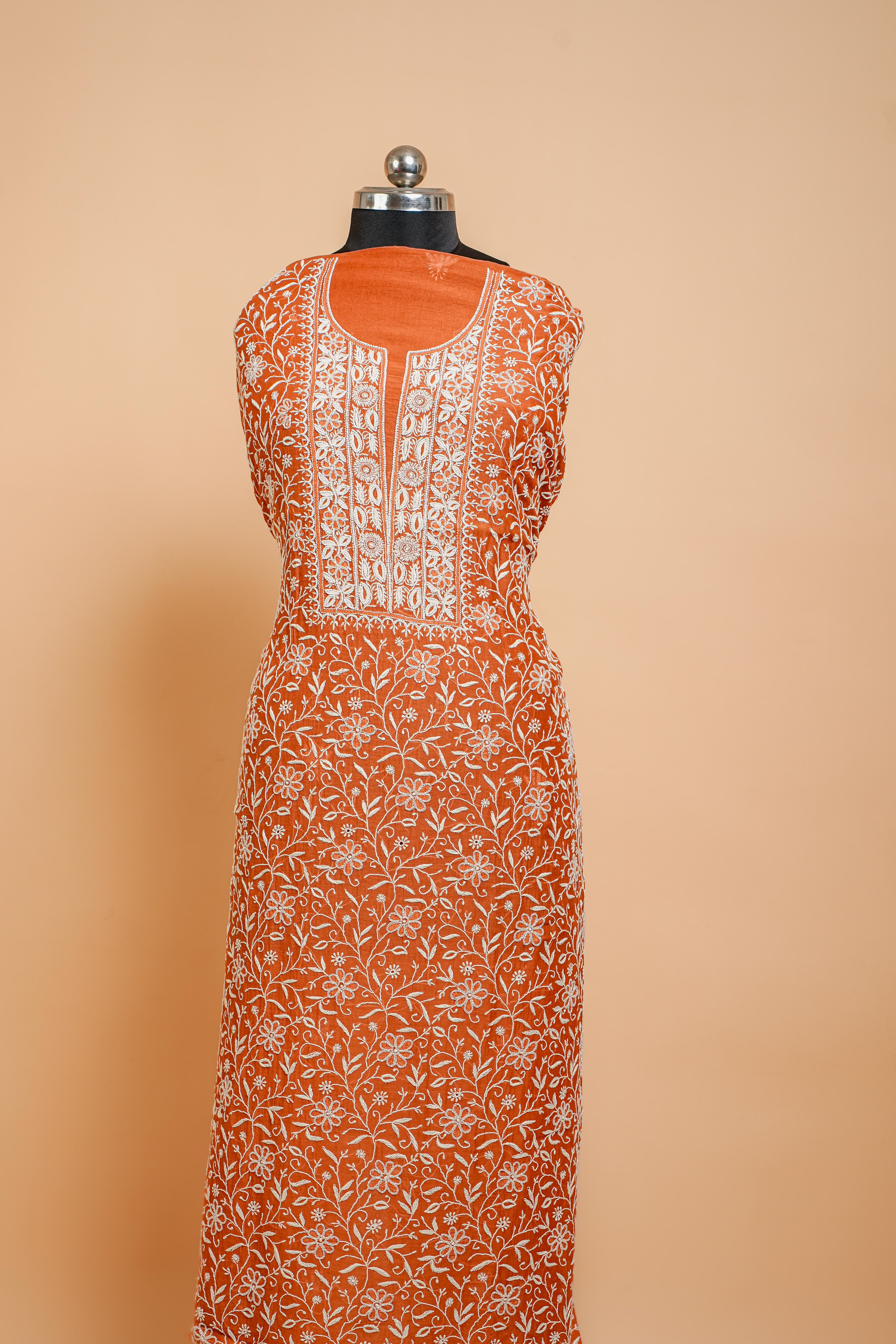 Mul Chanderi Chikankari Suit Cutdana Moti Full Work(2 Piece, Unstitched, Rust Colour)