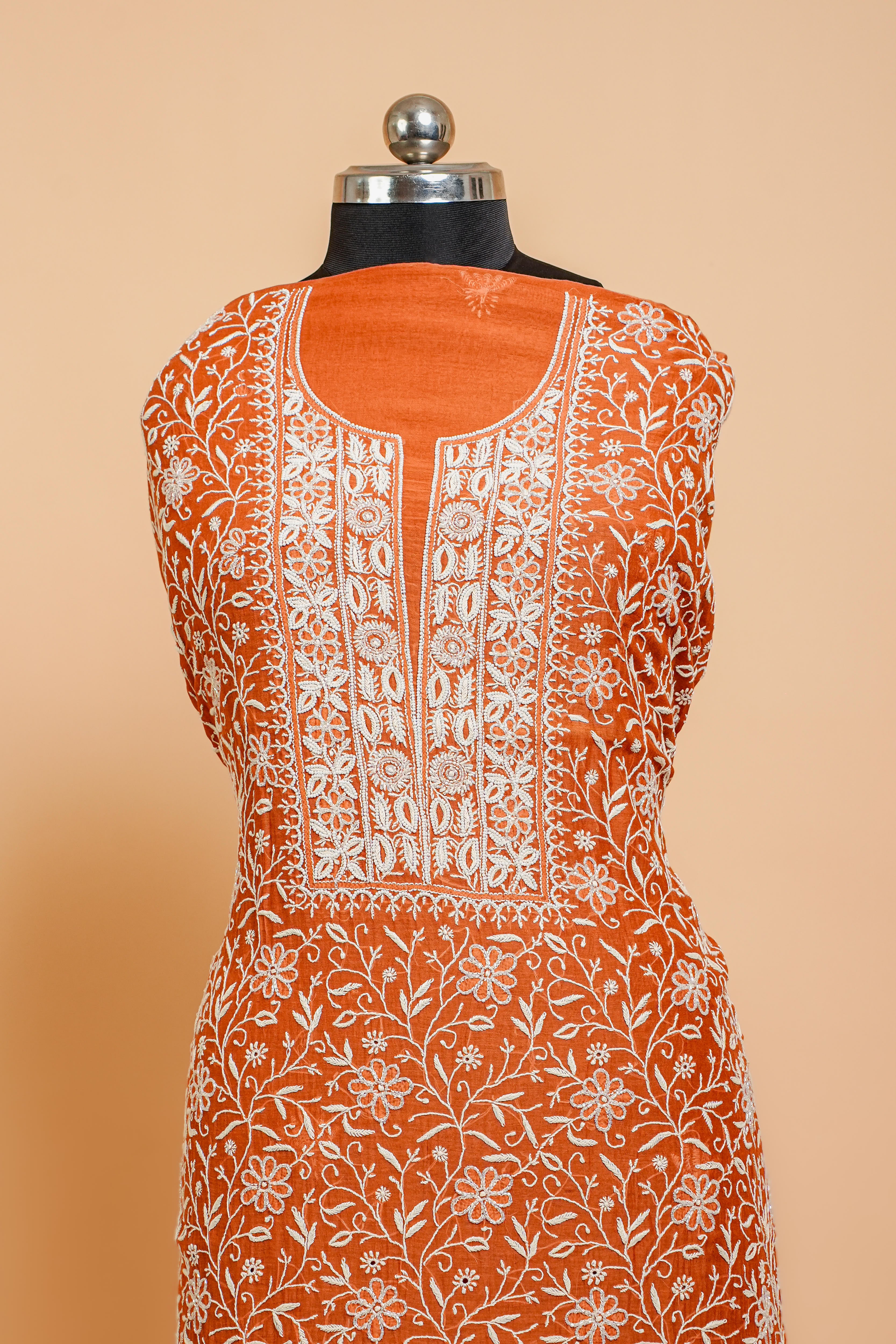 Mul Chanderi Chikankari Suit Cutdana Moti Full Work(2 Piece, Unstitched, Rust Colour)