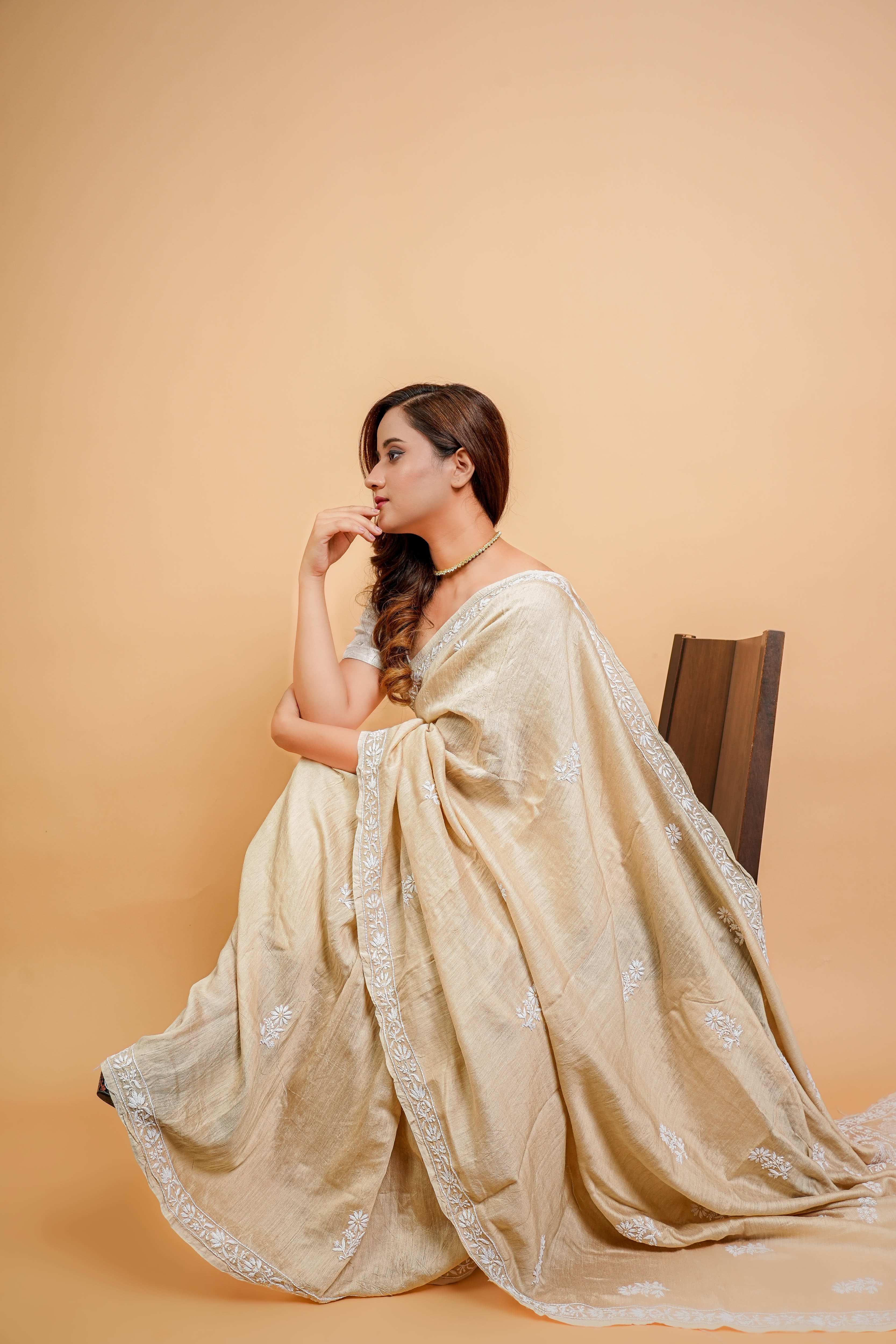 Moga Silk  Chikankari Saree with Thread Work (Beige)