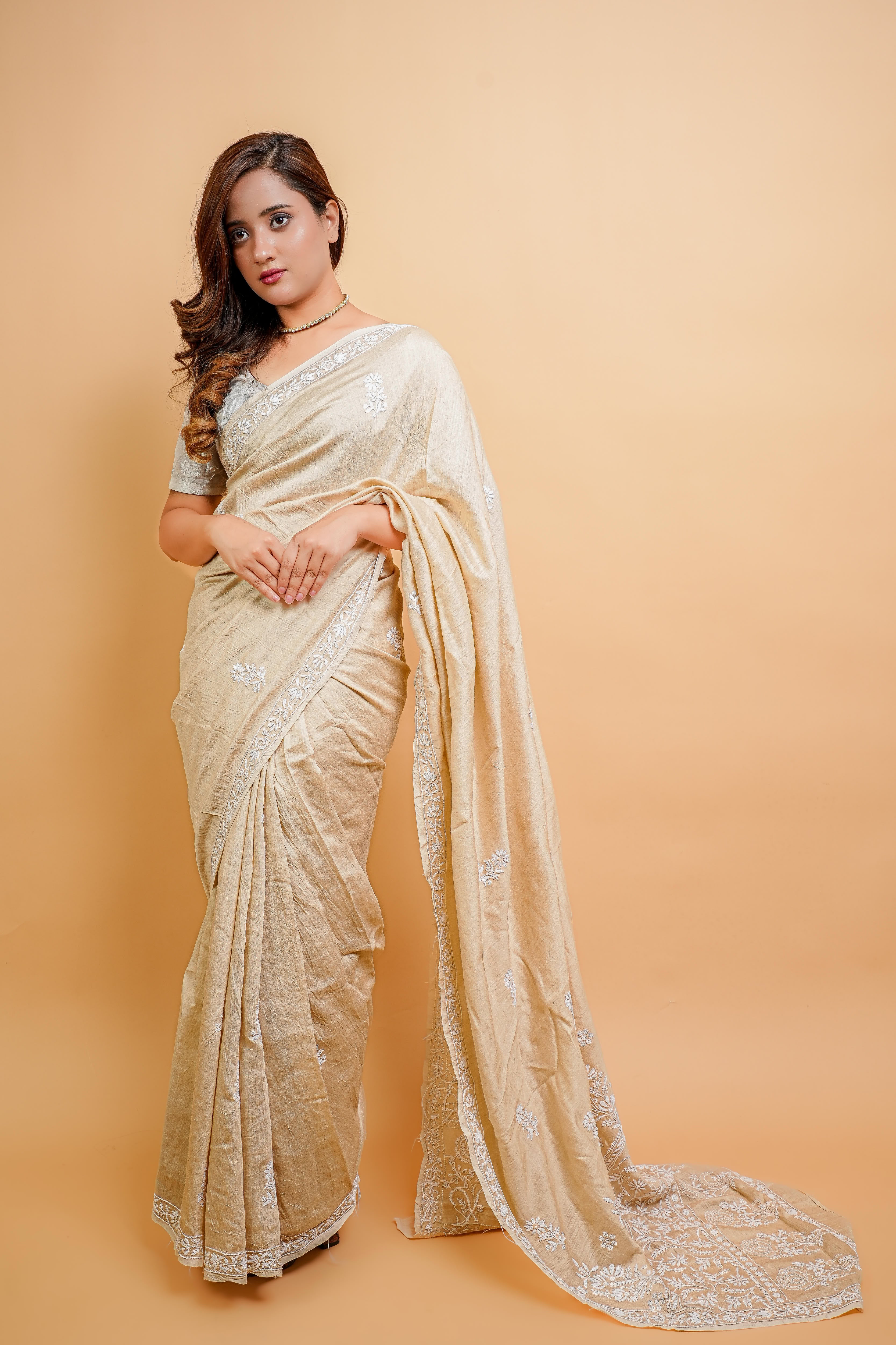 Moga Silk  Chikankari Saree with Thread Work (Beige)