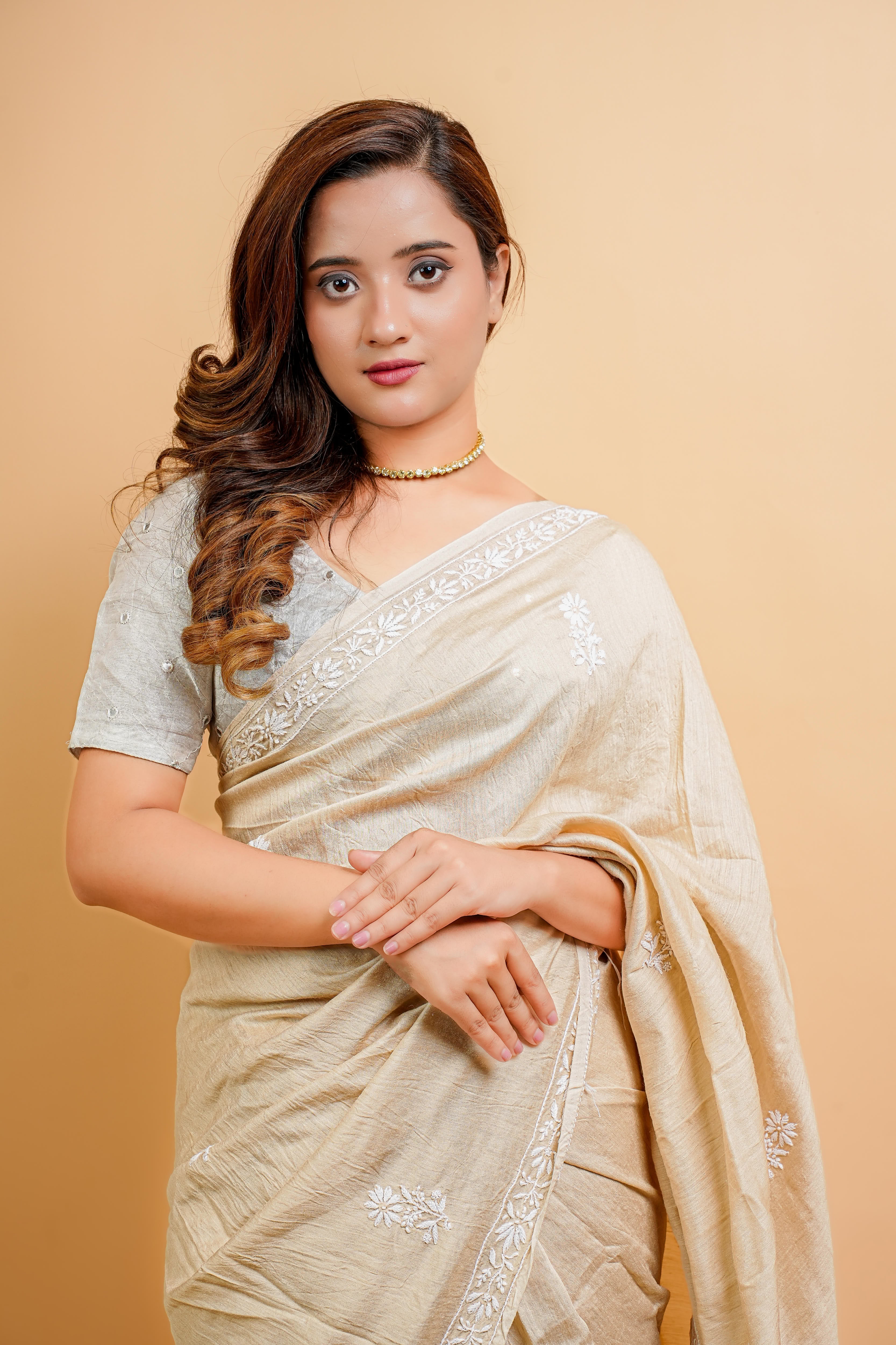 Moga Silk  Chikankari Saree with Thread Work (Beige)