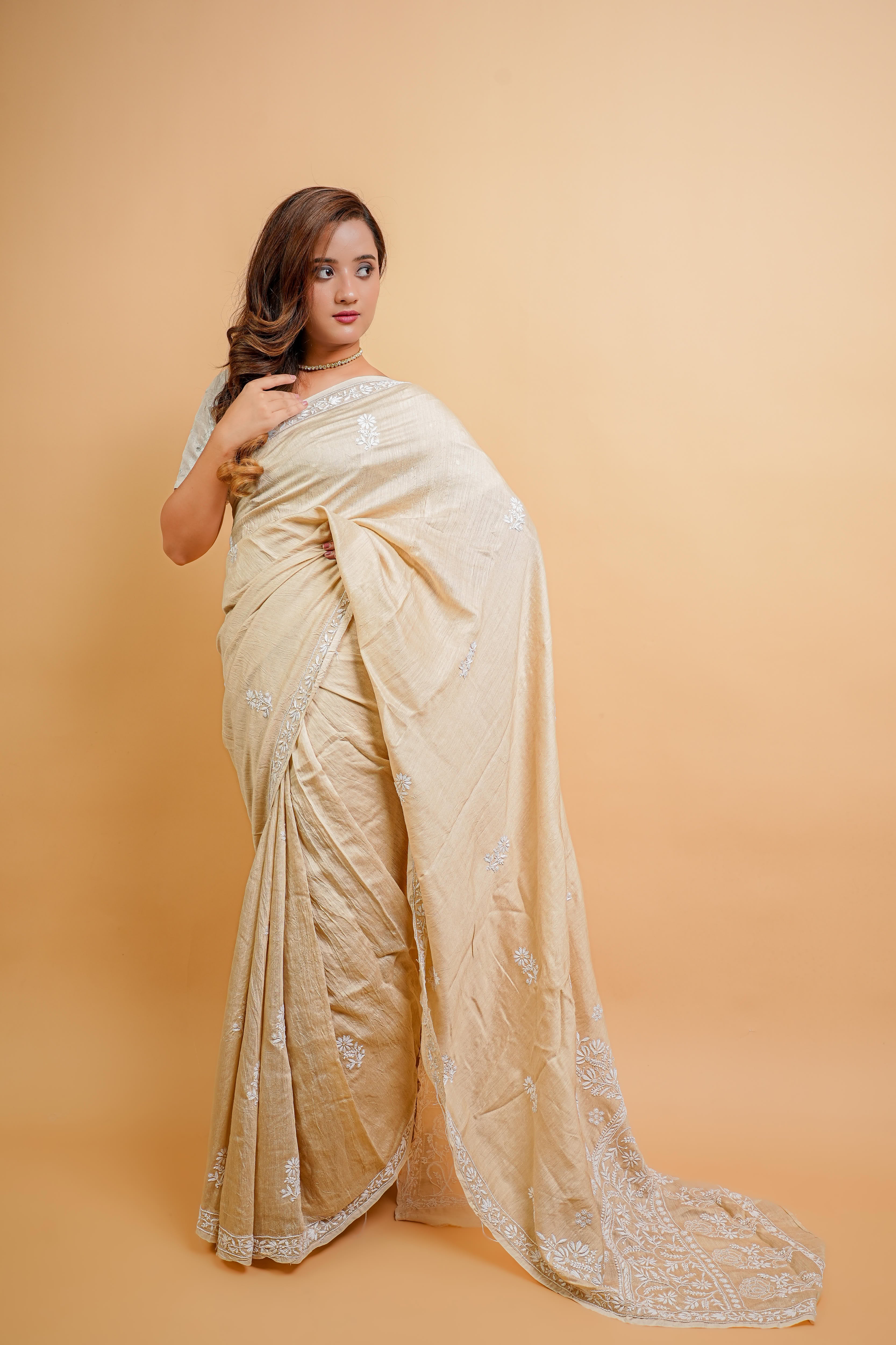 Moga Silk  Chikankari Saree with Thread Work (Beige)