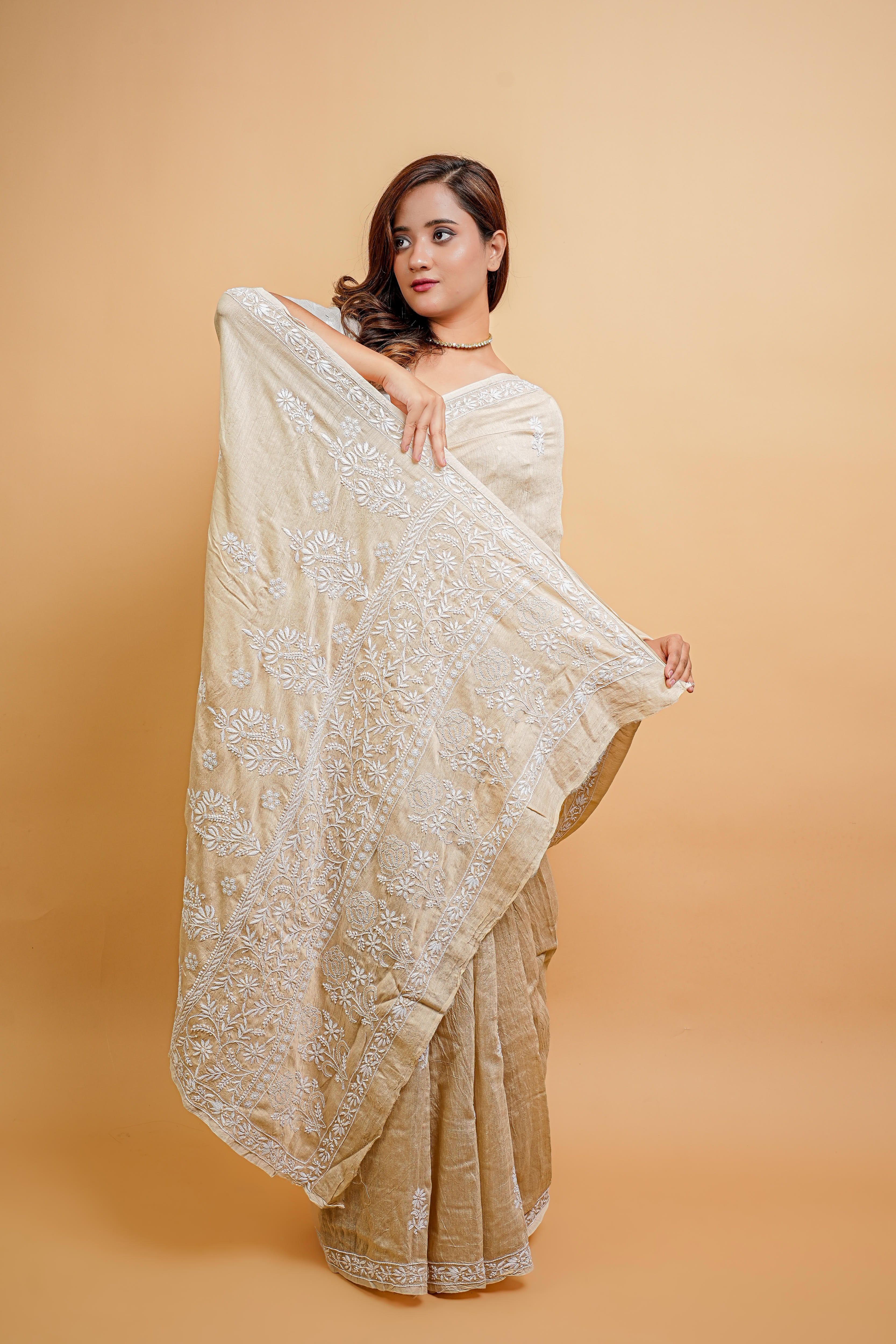 Moga Silk  Chikankari Saree with Thread Work (Beige)