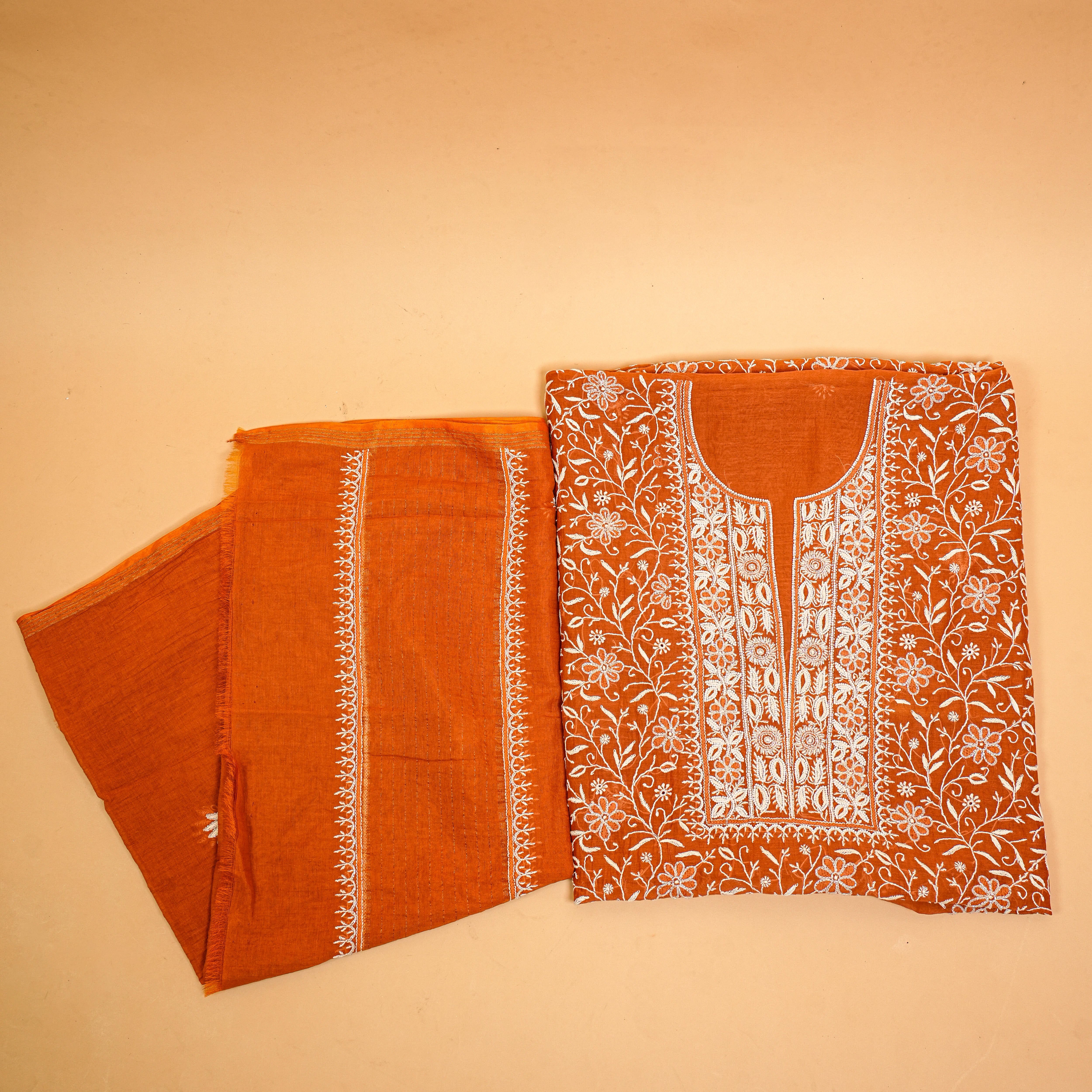 Mul Chanderi Chikankari Suit Cutdana Moti Full Work(2 Piece, Unstitched, Rust Colour)
