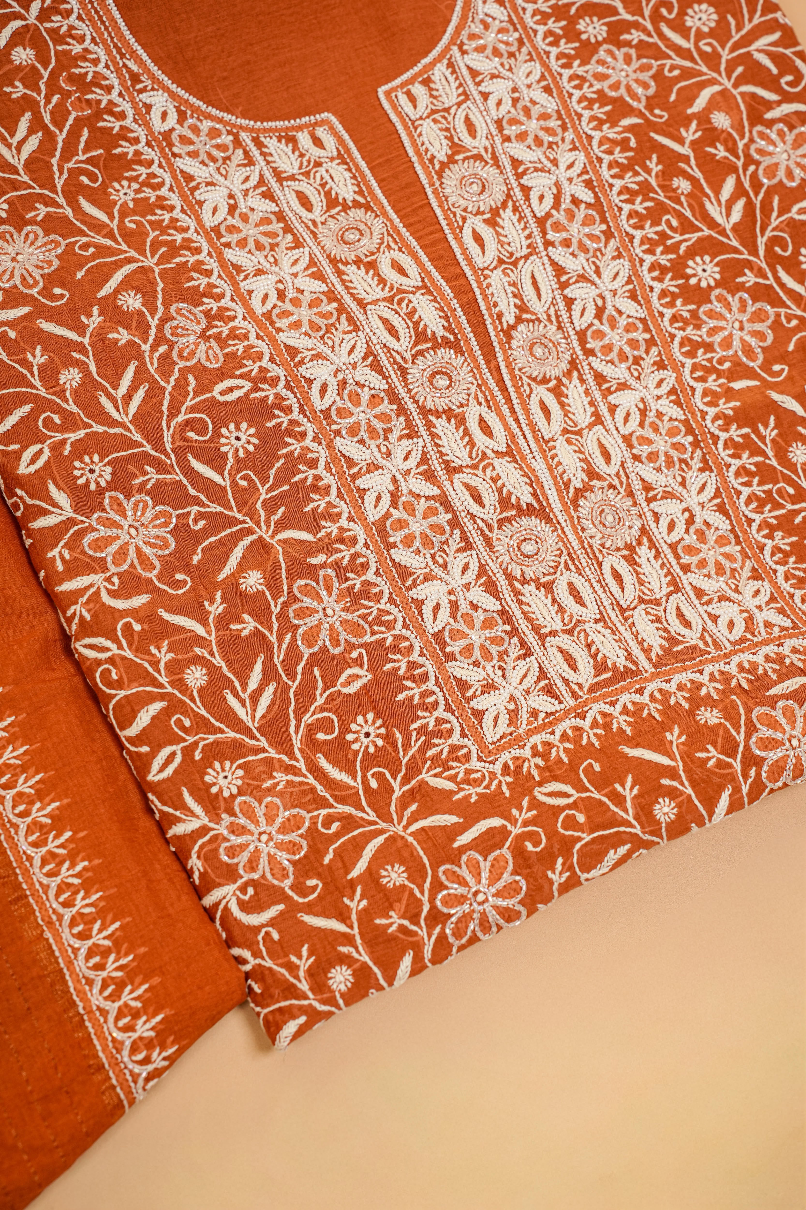 Mul Chanderi Chikankari Suit Cutdana Moti Full Work(2 Piece, Unstitched, Rust Colour)