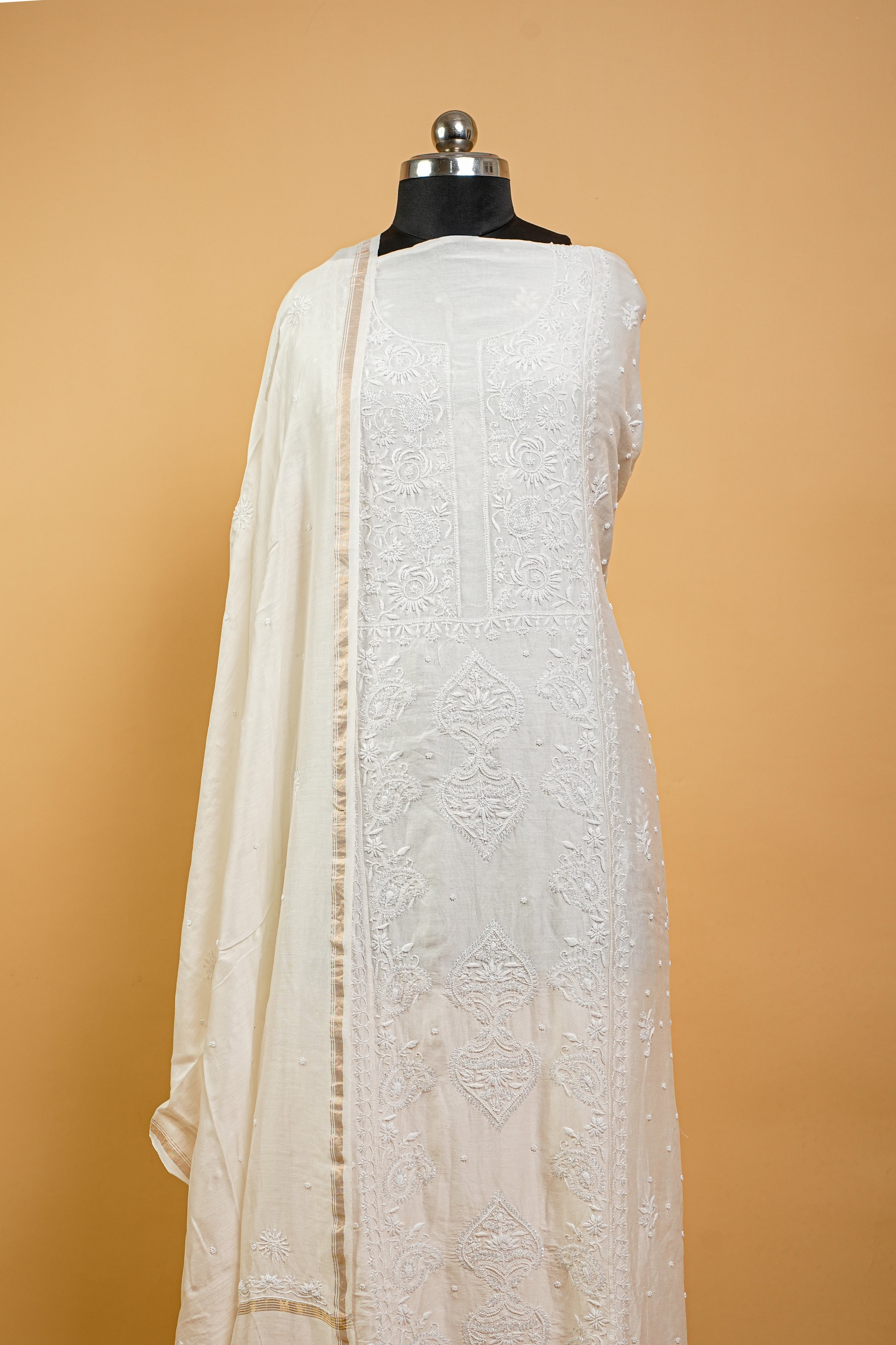 Mul Chanderi Chikankari Suit Full Work (2 Piece, Semi-stitched, Off-White)