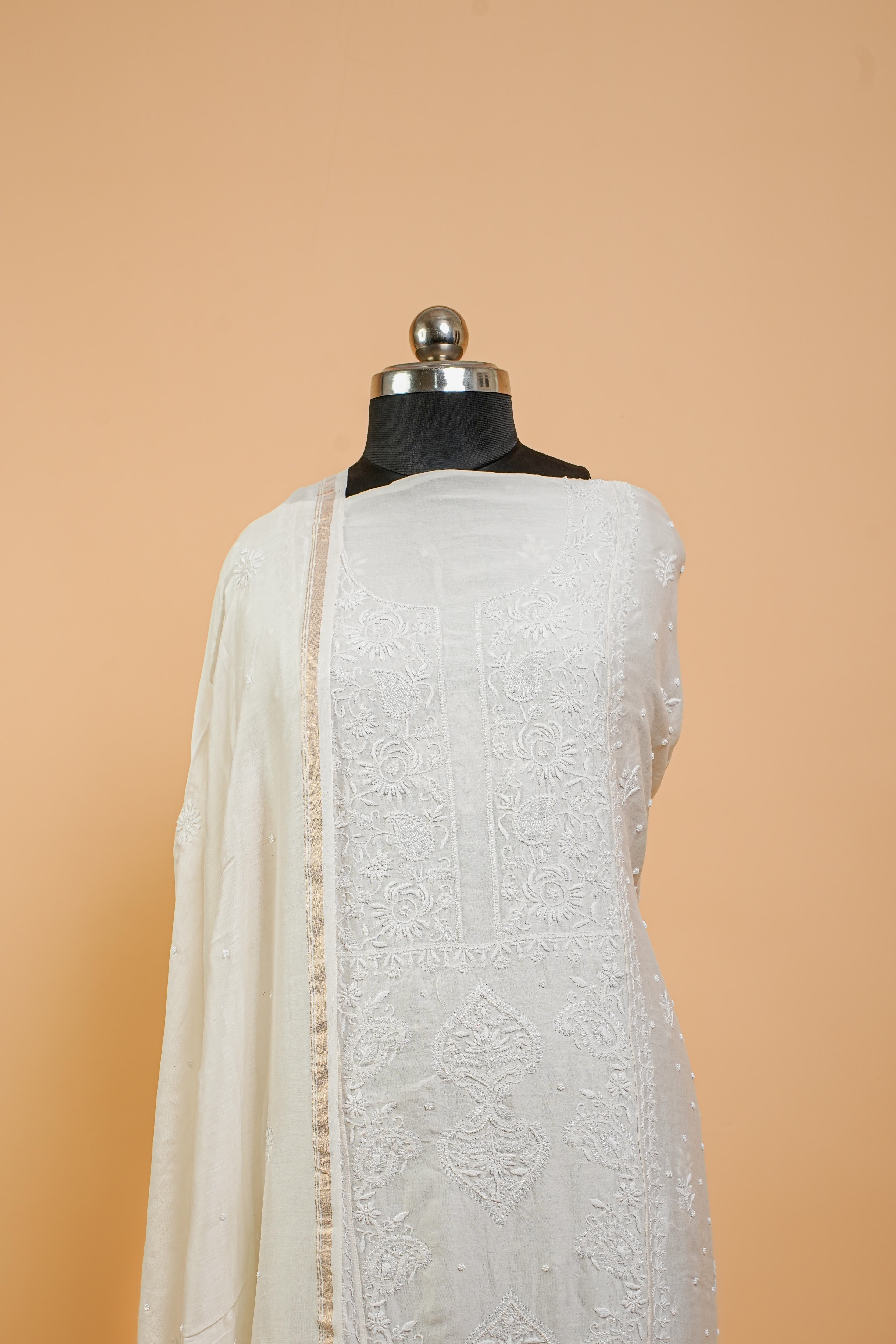 Mul Chanderi Chikankari Suit Full Work (2 Piece, Semi-stitched, Off-White)