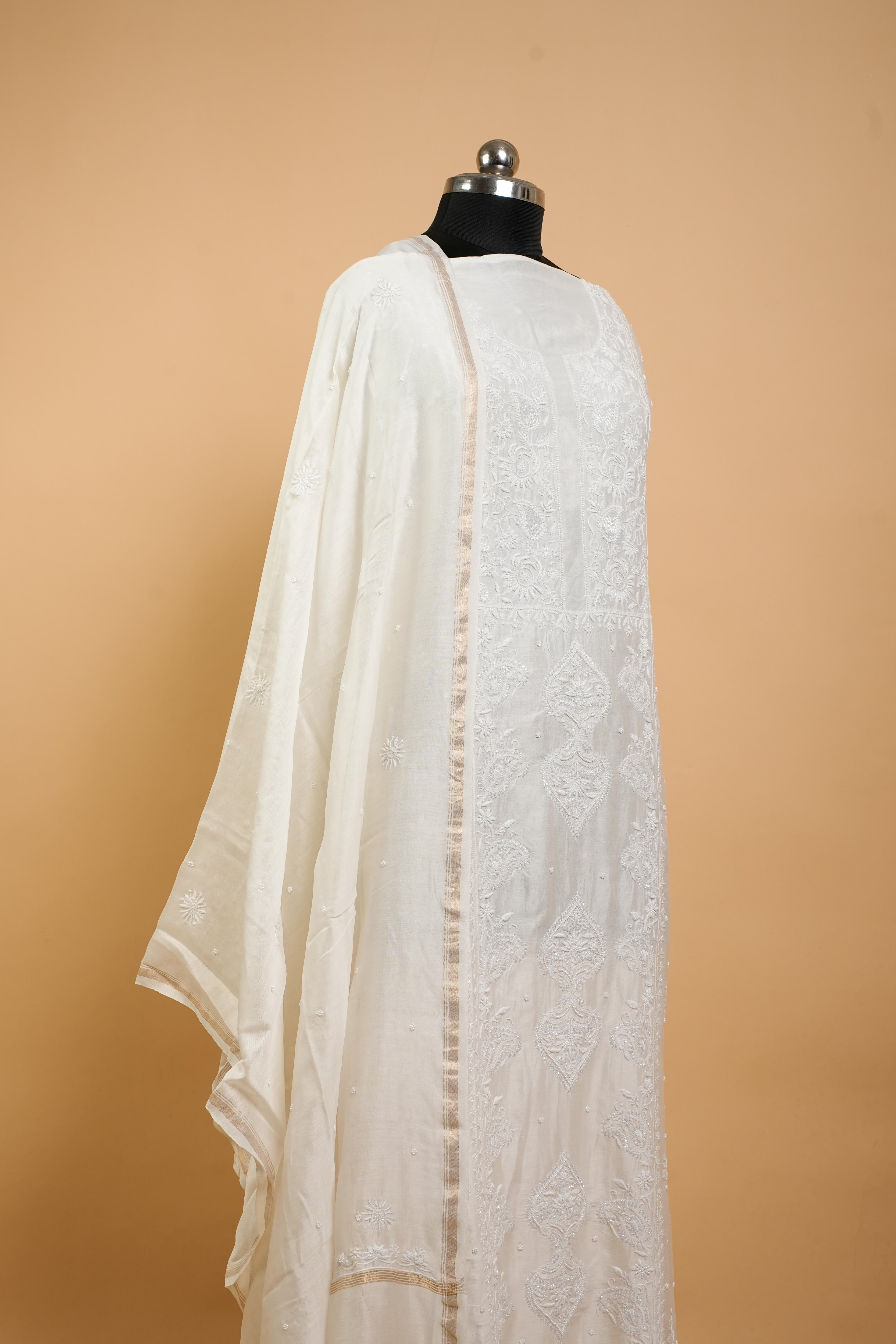 Mul Chanderi Chikankari Suit Full Work (2 Piece, Semi-stitched, Off-White)