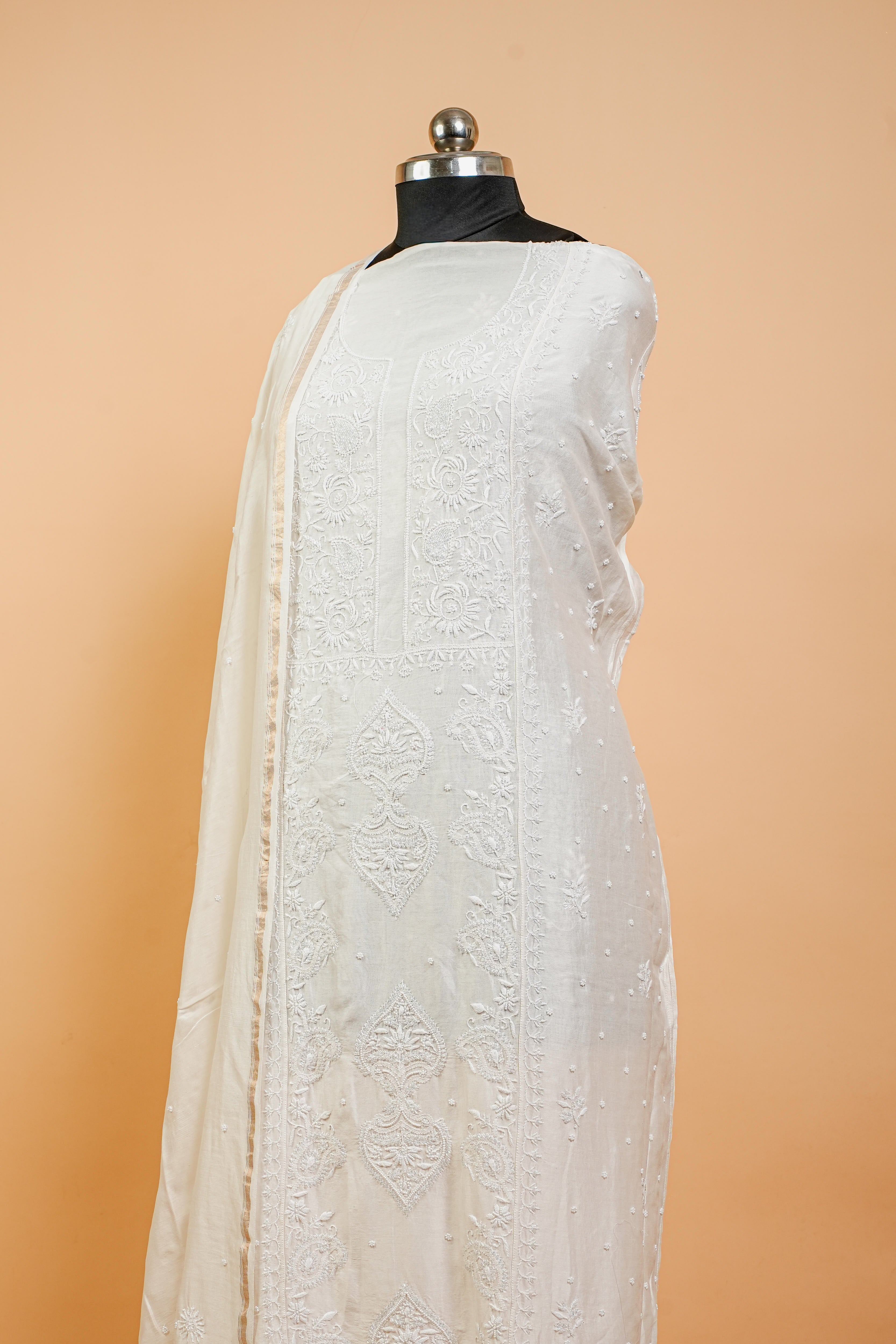 Mul Chanderi Chikankari Suit Full Work (2 Piece, Semi-stitched, Off-White)