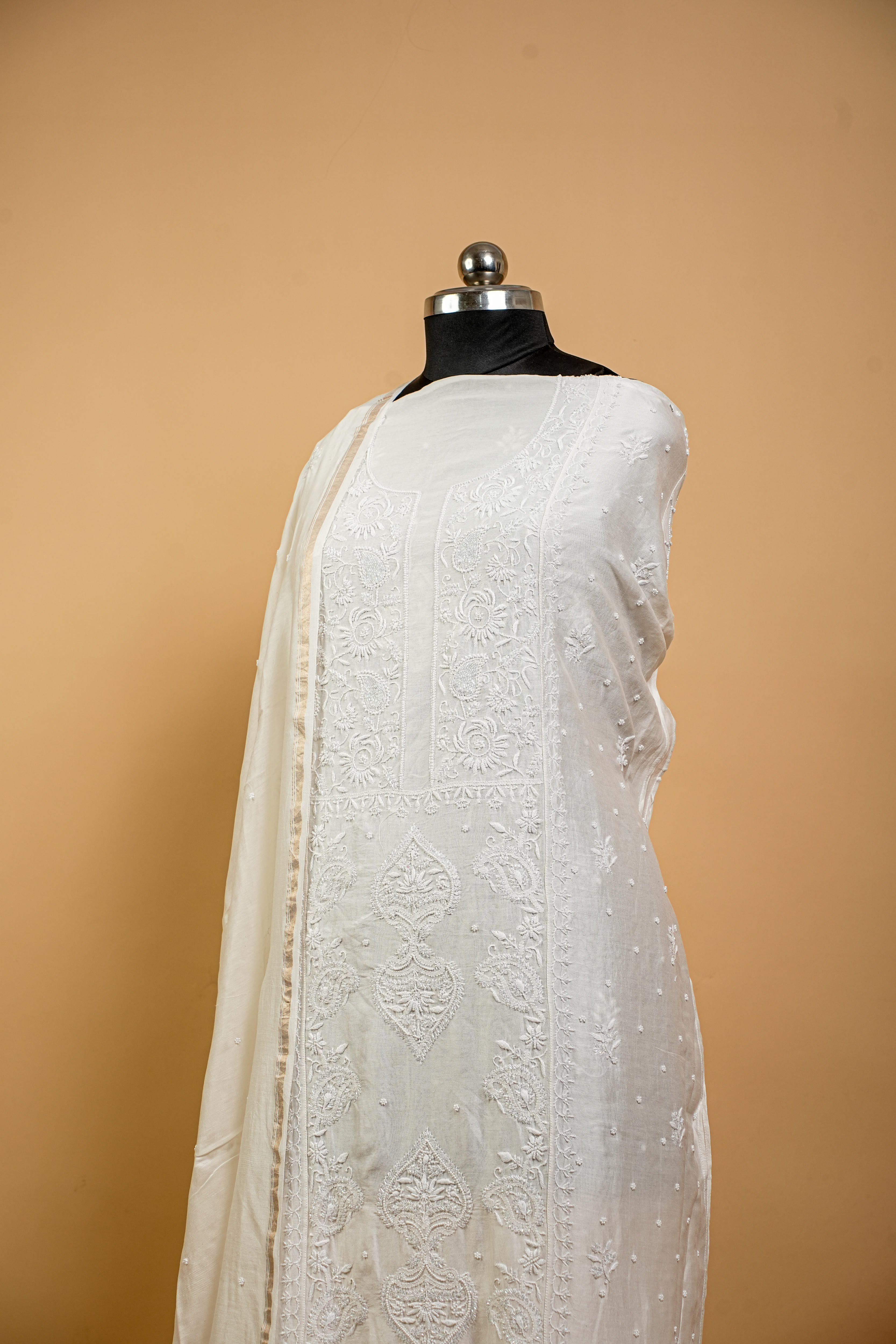 Mul Chanderi Chikankari Suit Full Work (2 Piece, Semi-stitched, Off-White)