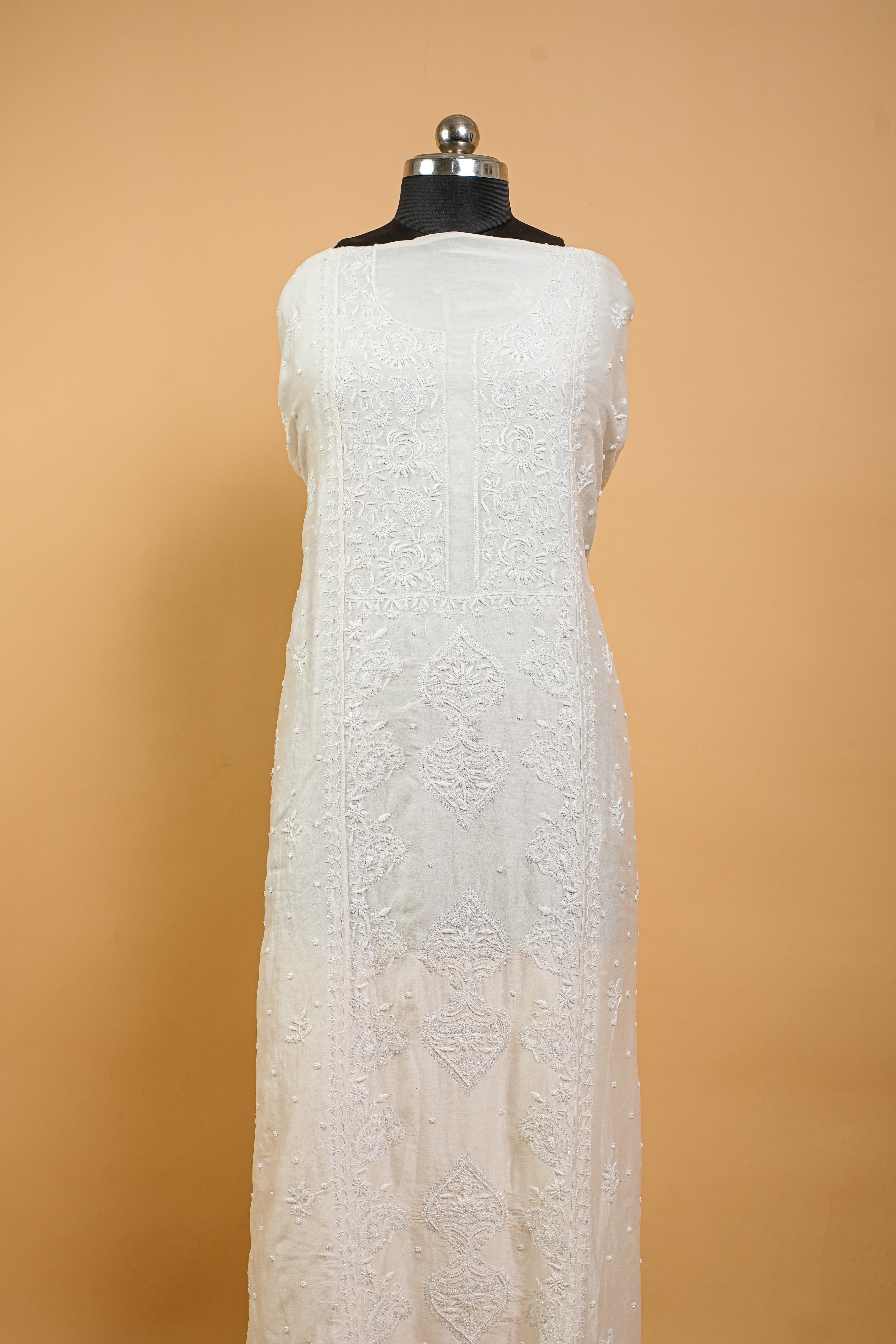 Mul Chanderi Chikankari Suit Full Work (2 Piece, Semi-stitched, Off-White)