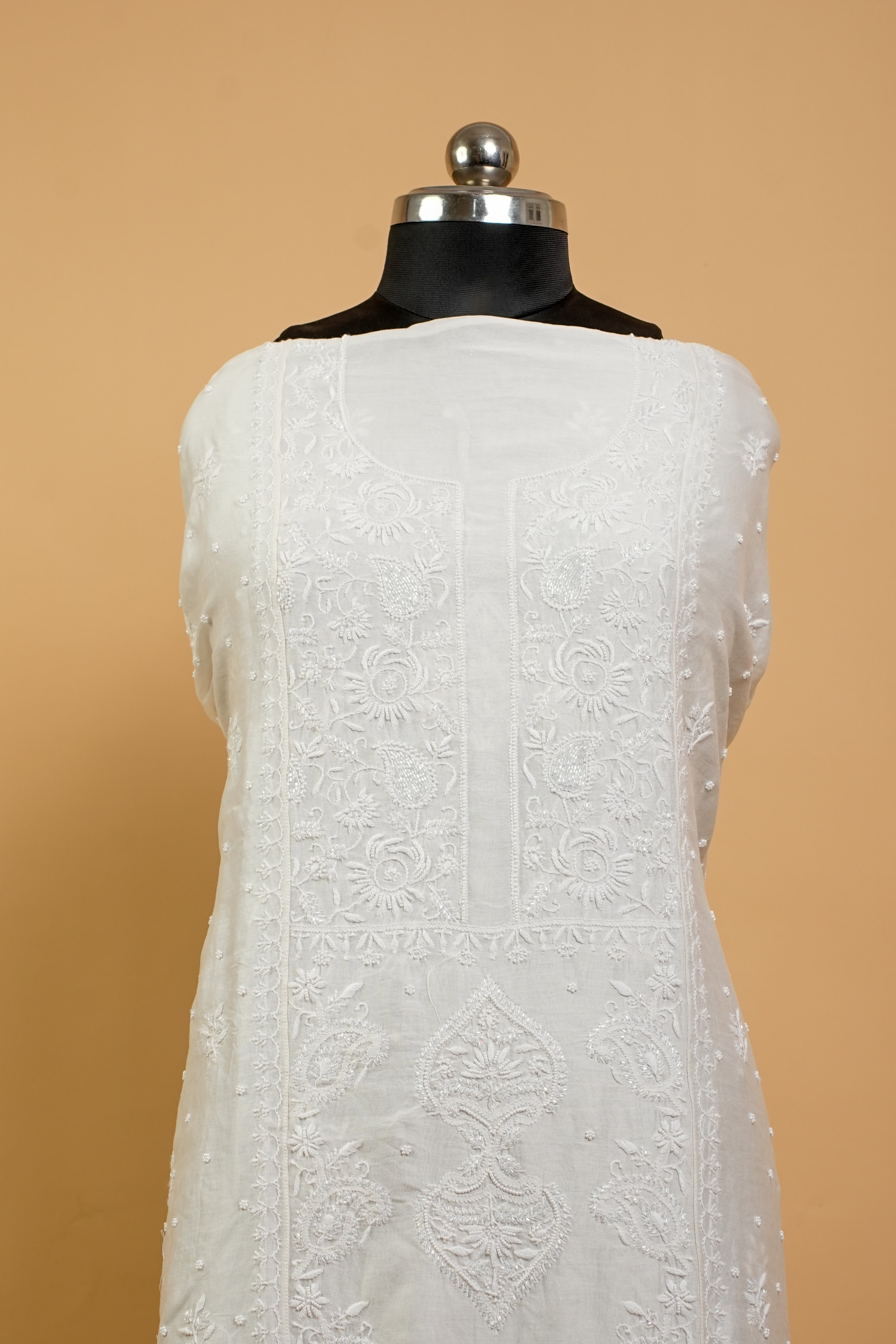 Mul Chanderi Chikankari Suit Full Work (2 Piece, Semi-stitched, Off-White)