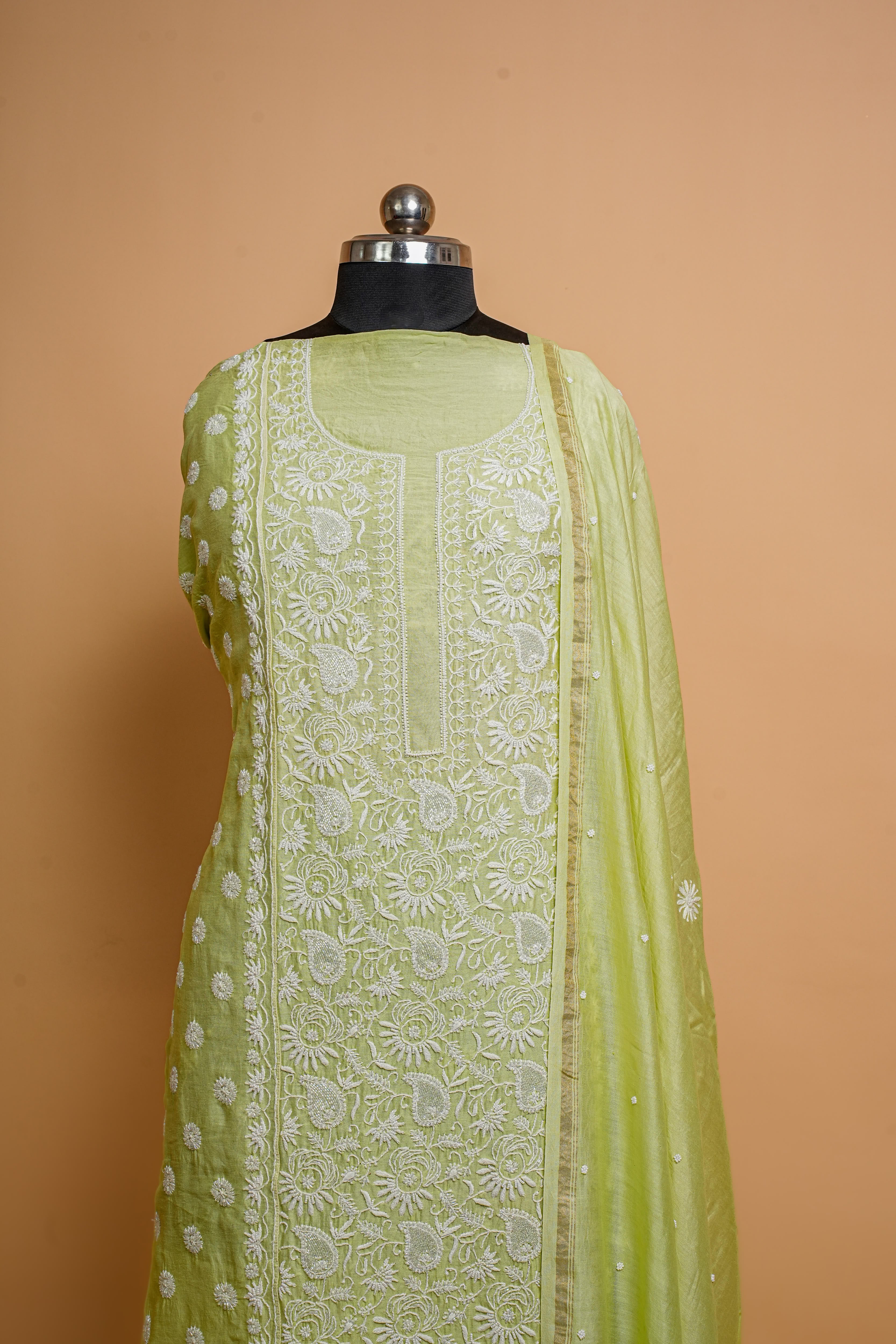 Chanderi Silk Chikankari Suit Cutdana Moti Full Work(2 Piece, Unstitched, Lime Green)