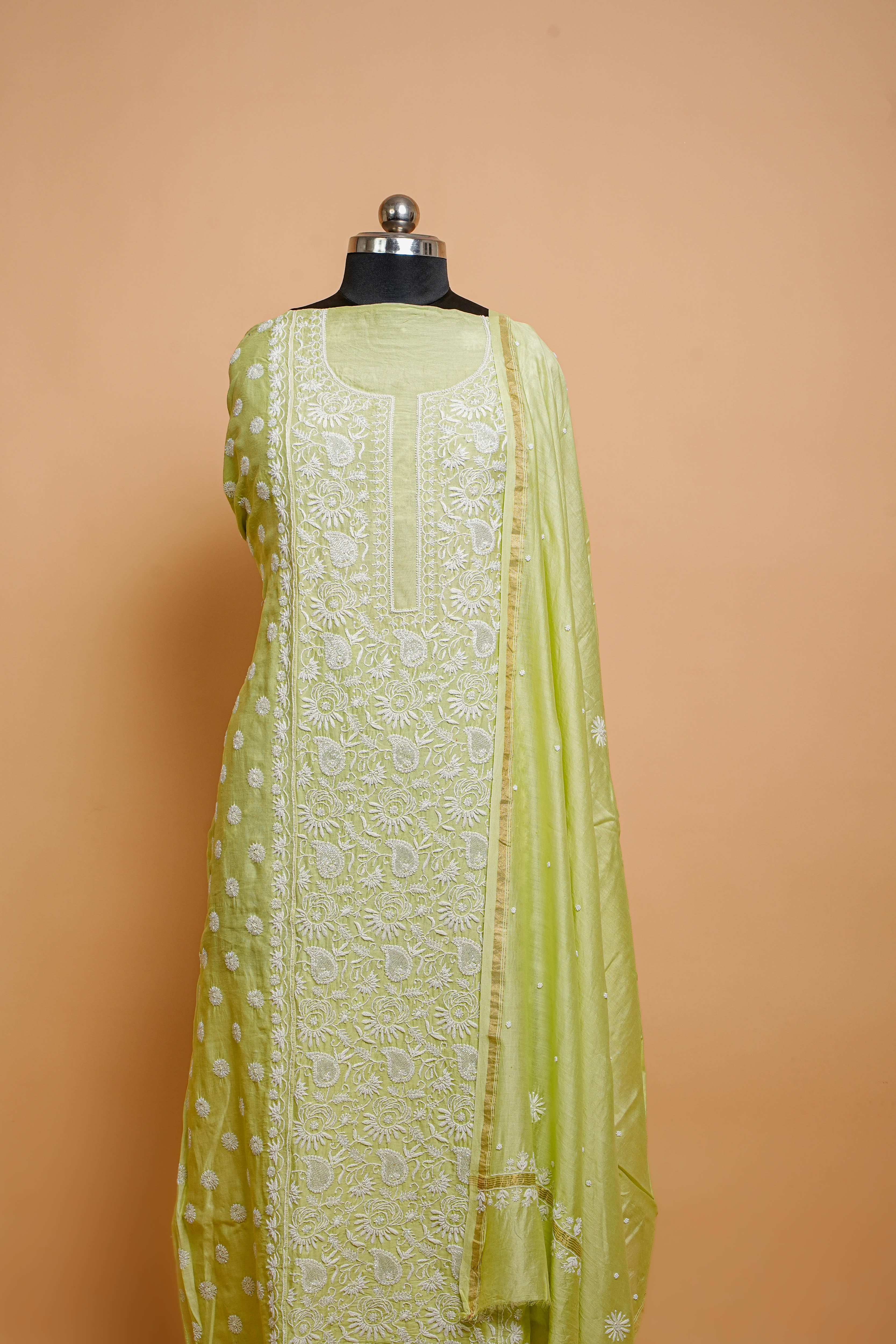Chanderi Silk Chikankari Suit Cutdana Moti Full Work(2 Piece, Unstitched, Lime Green)