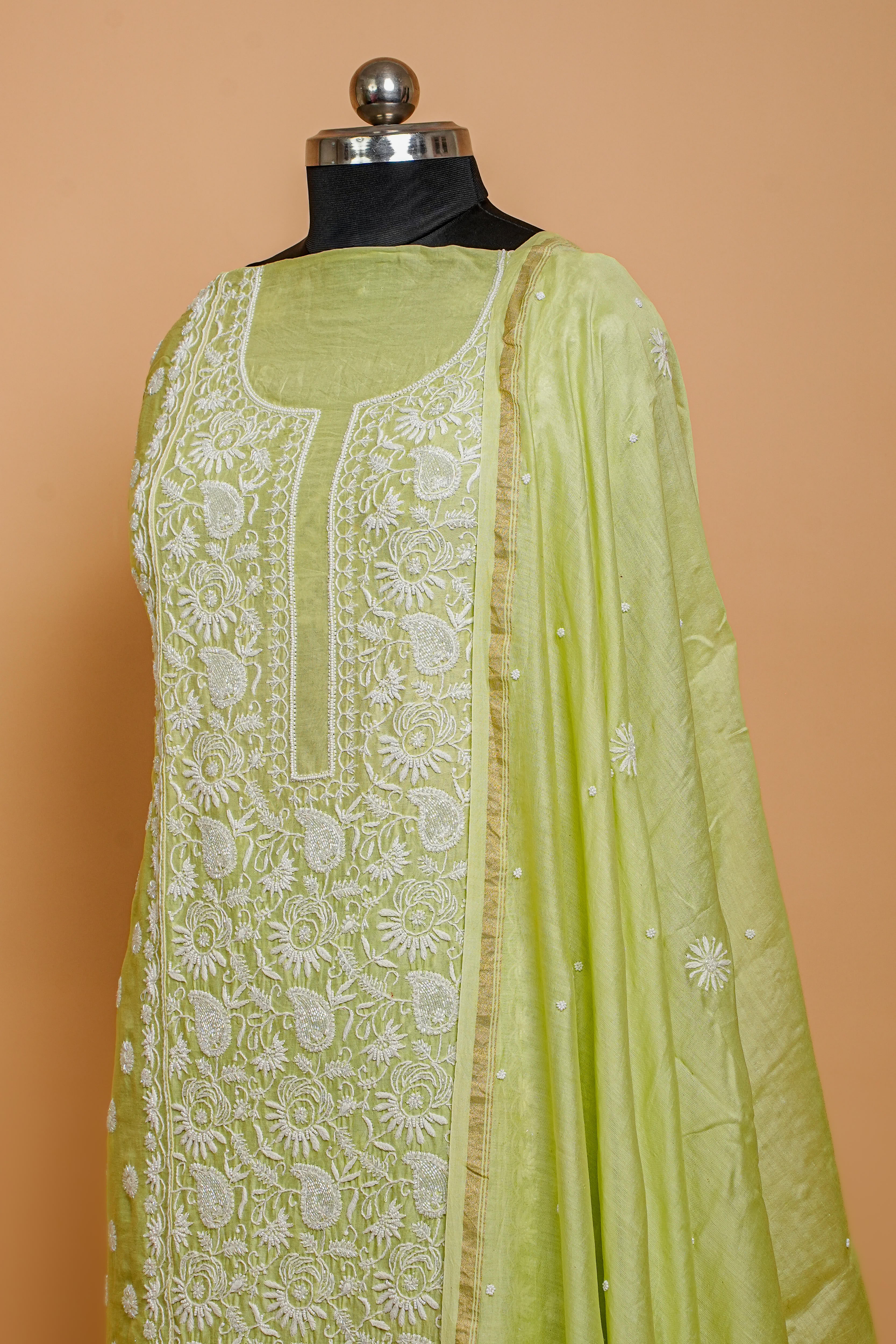 Chanderi Silk Chikankari Suit Cutdana Moti Full Work(2 Piece, Unstitched, Lime Green)