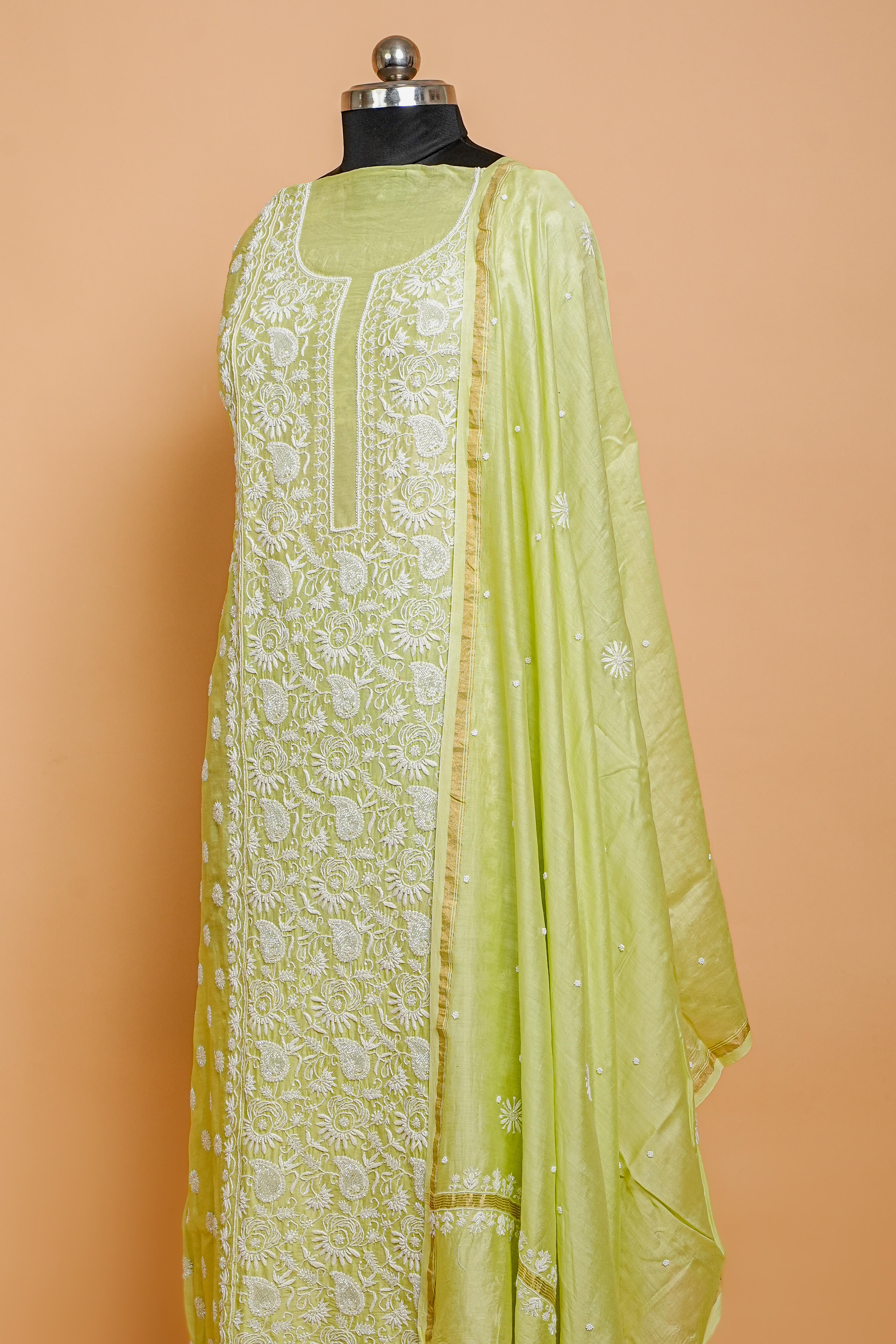Chanderi Silk Chikankari Suit Cutdana Moti Full Work(2 Piece, Unstitched, Lime Green)