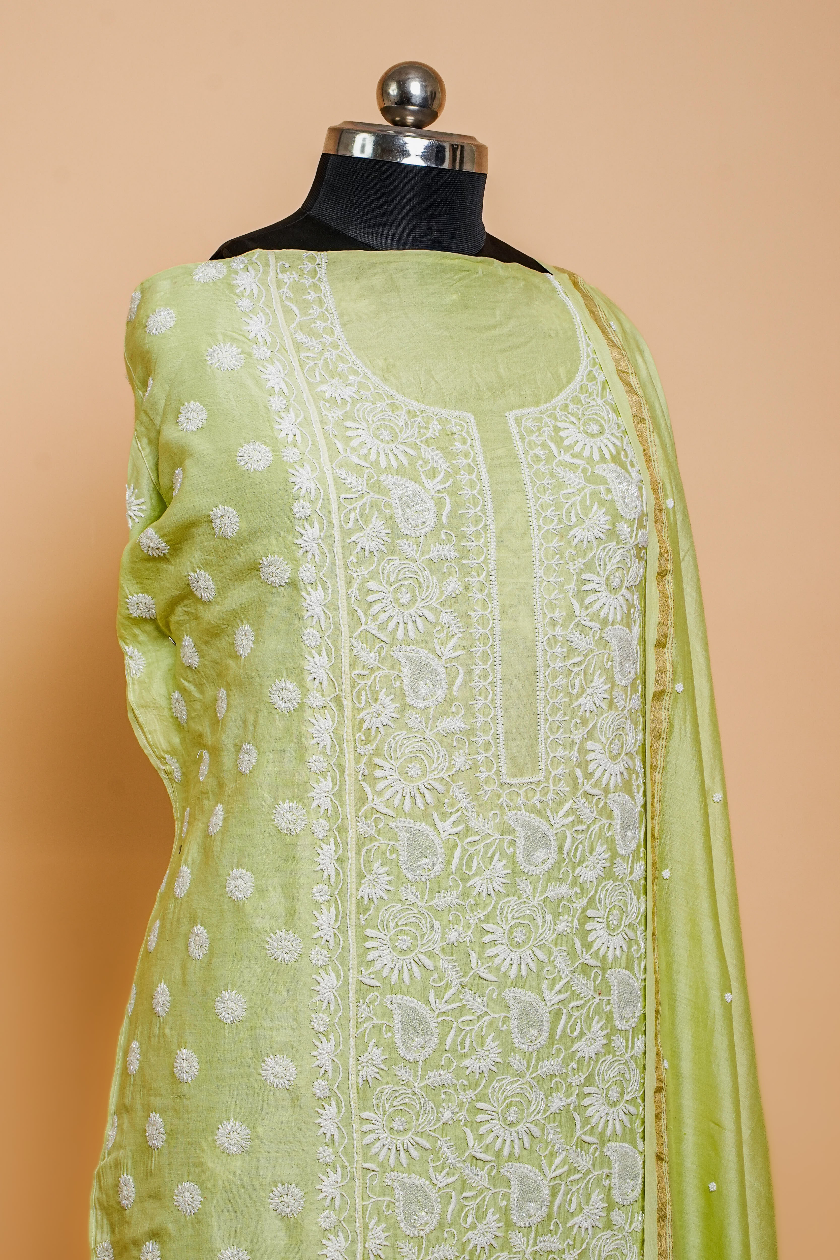 Chanderi Silk Chikankari Suit Cutdana Moti Full Work(2 Piece, Unstitched, Lime Green)