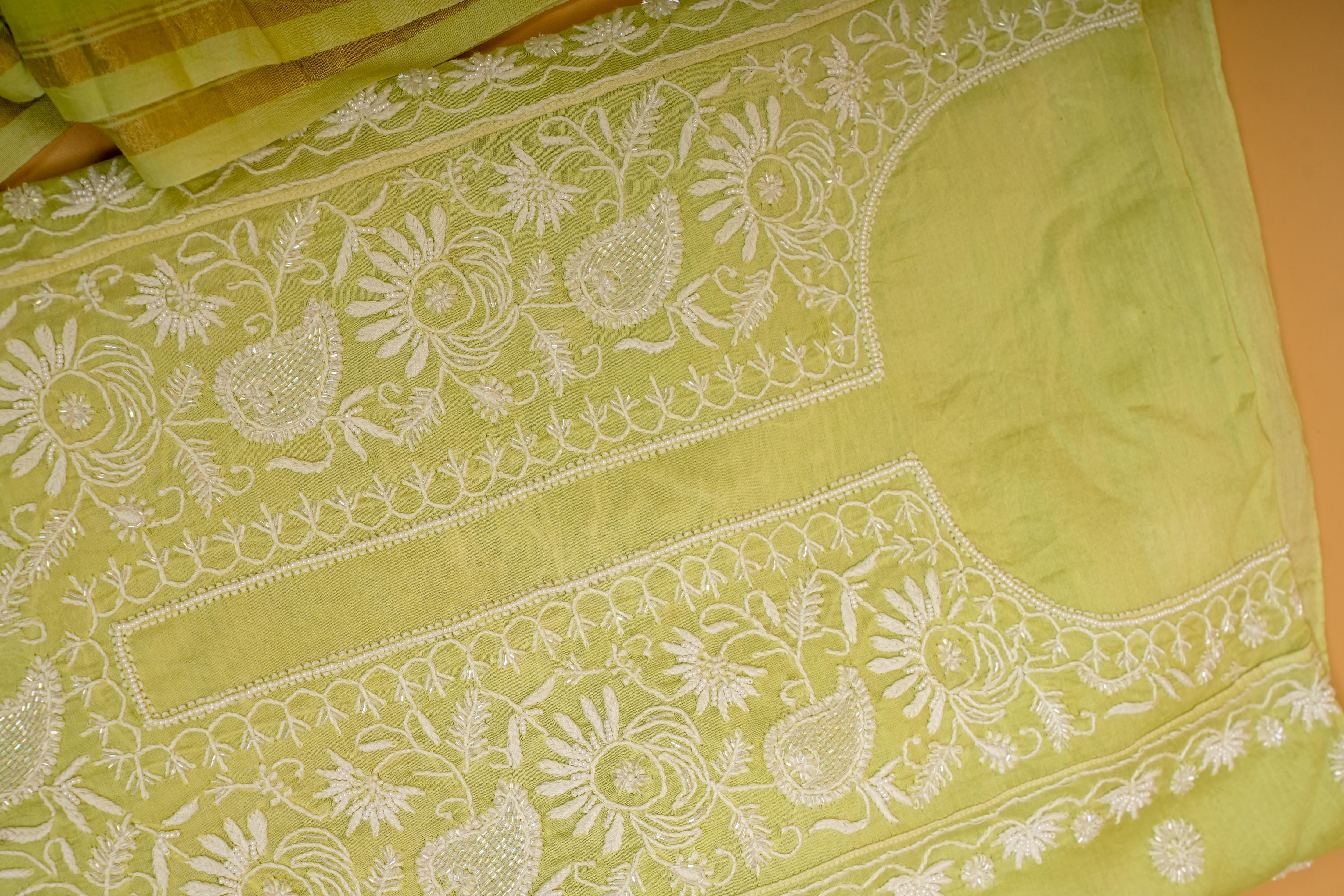 Chanderi Silk Chikankari Suit Cutdana Moti Full Work(2 Piece, Unstitched, Lime Green)