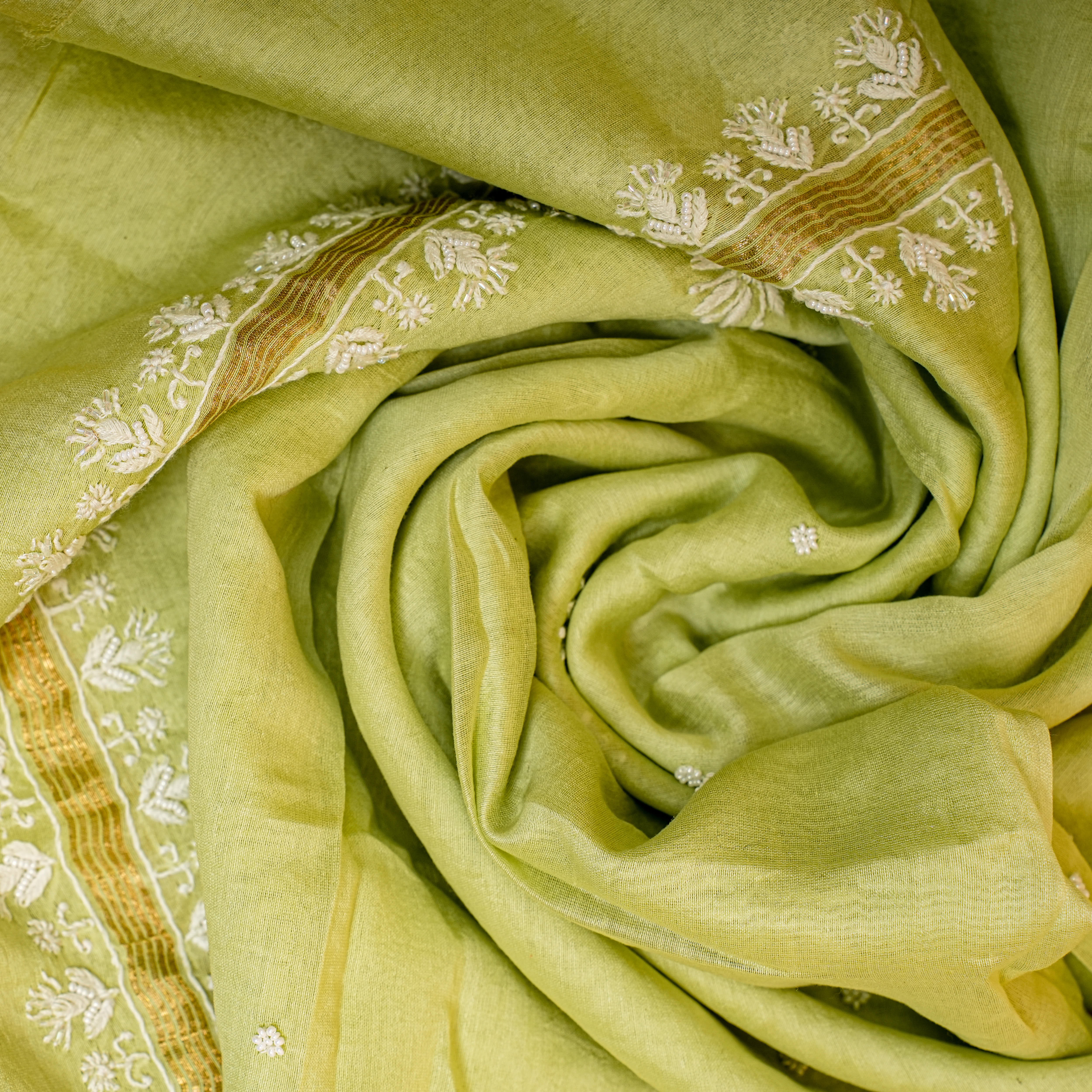 Chanderi Silk Chikankari Suit Cutdana Moti Full Work(2 Piece, Unstitched, Lime Green)