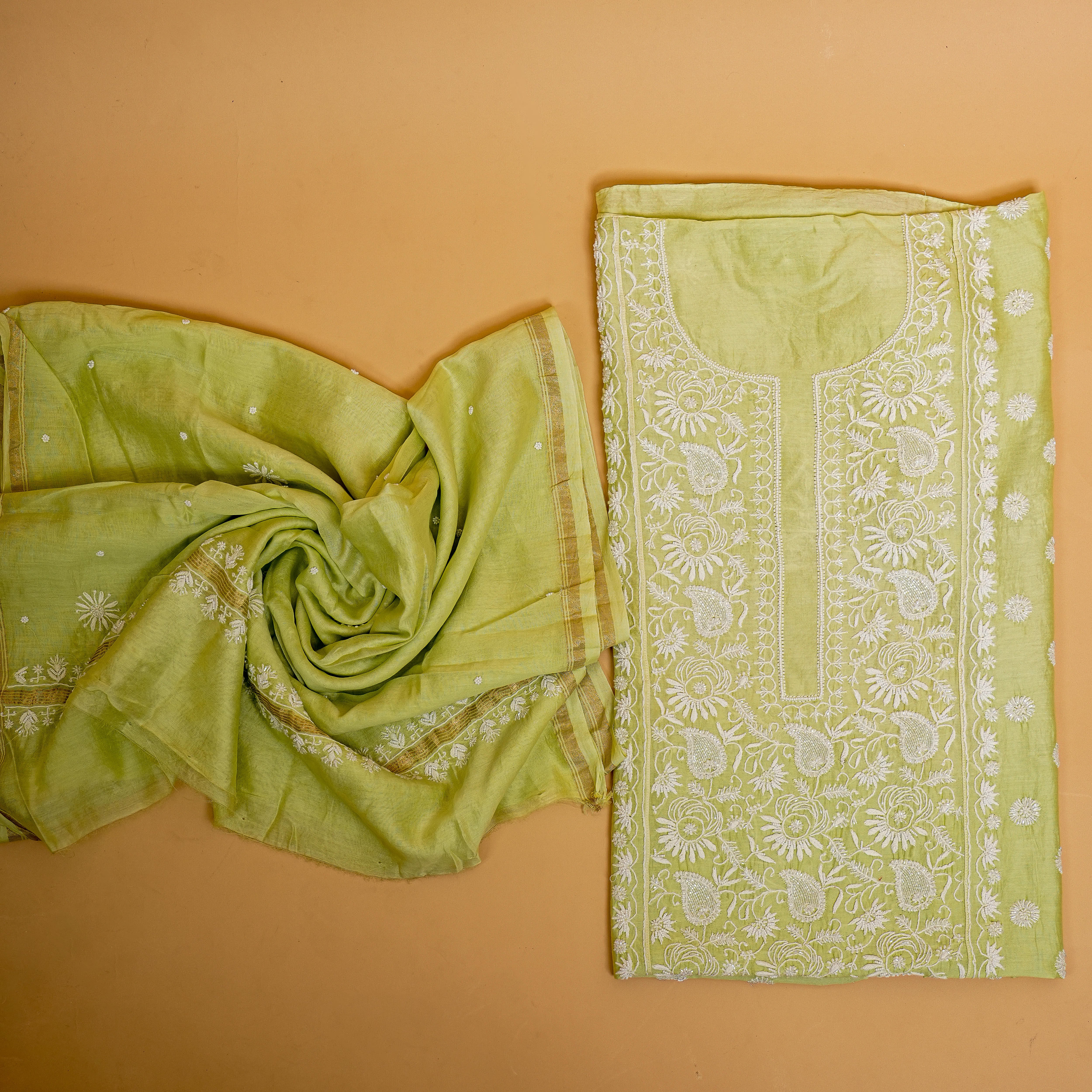 Chanderi Silk Chikankari Suit Cutdana Moti Full Work(2 Piece, Unstitched, Lime Green)