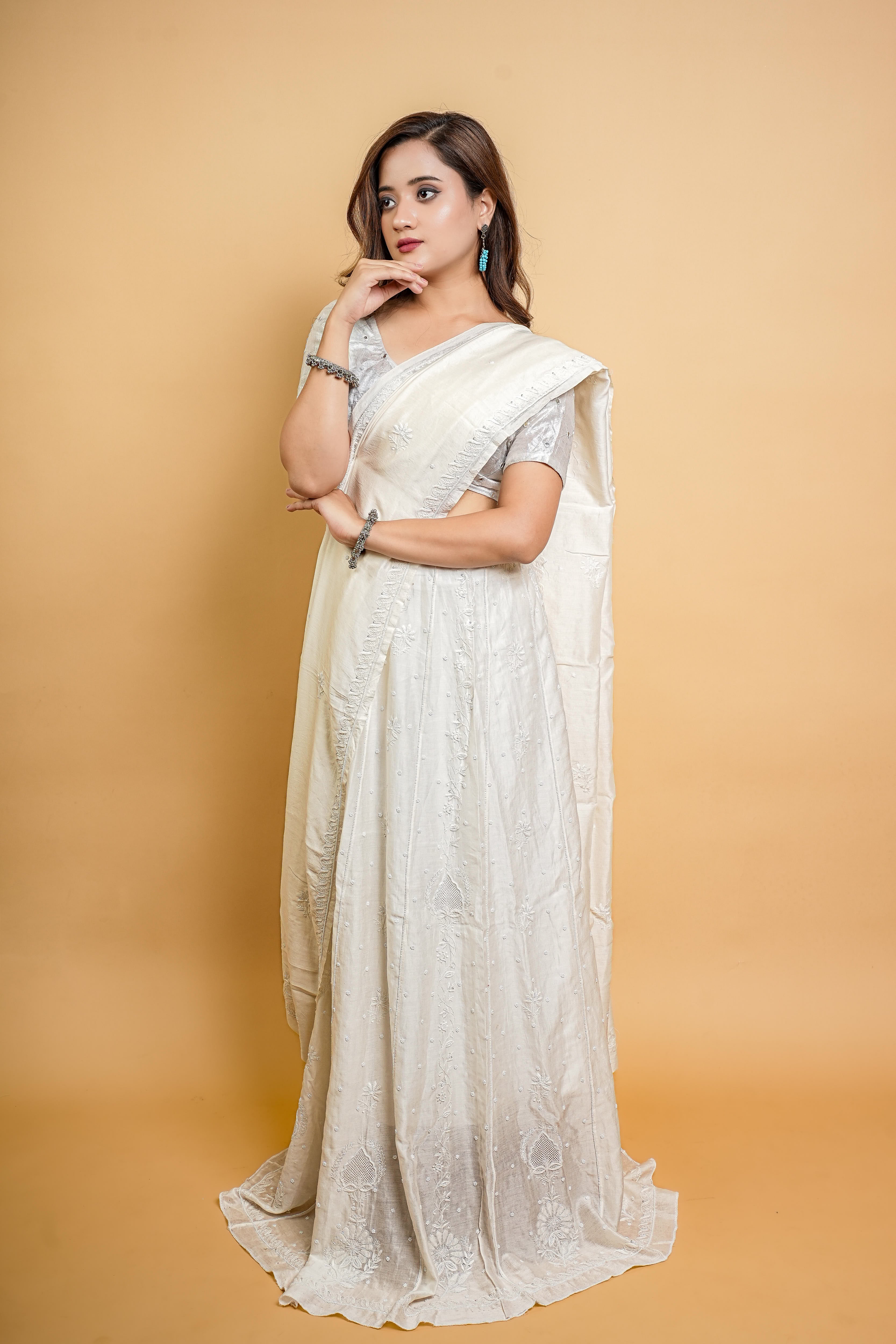 Mul Chanderi Chikankari Lehenga with All Over Work(Off-White, Dyeable)