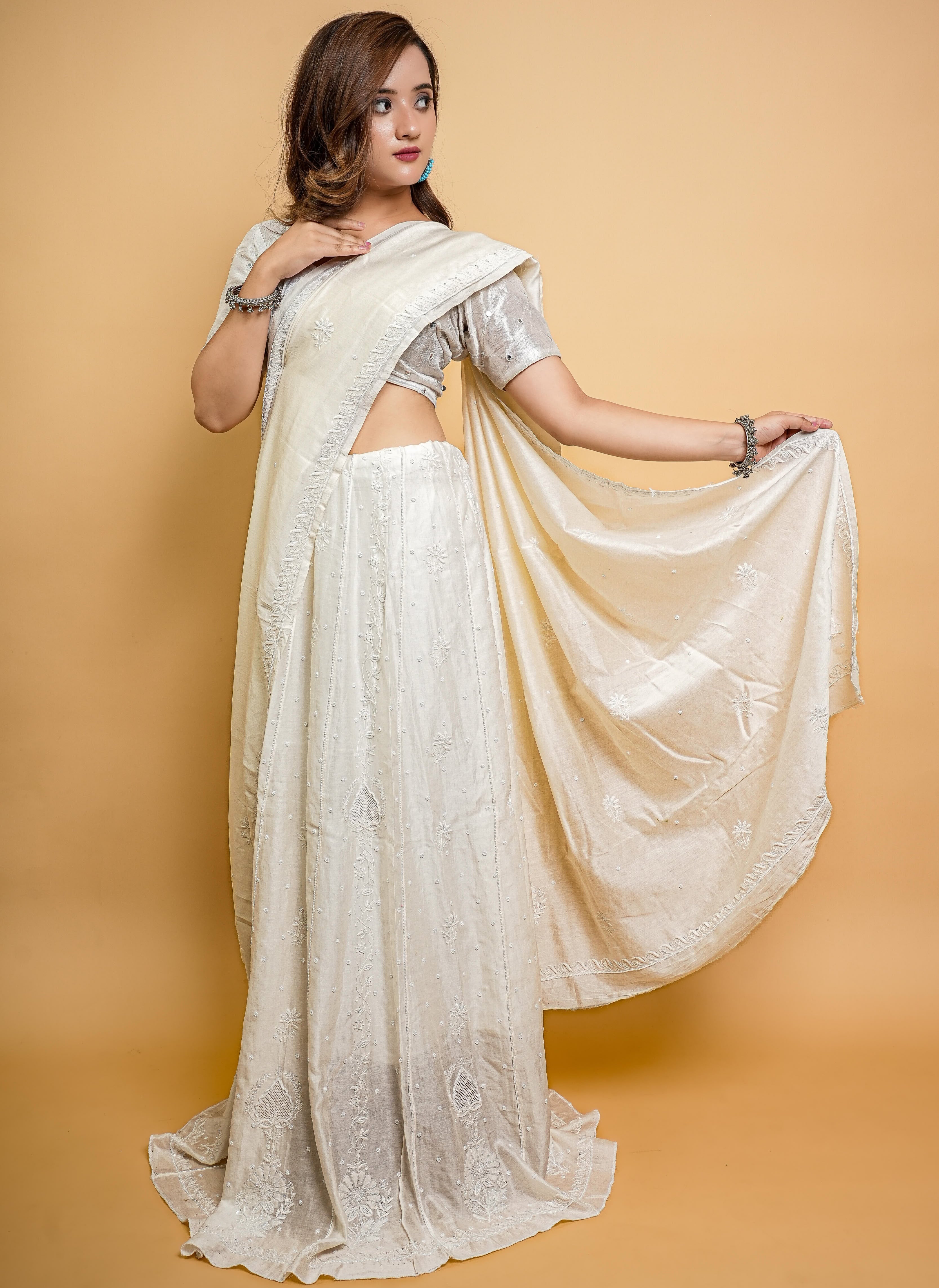 Mul Chanderi Chikankari Lehenga with All Over Work(Off-White, Dyeable)