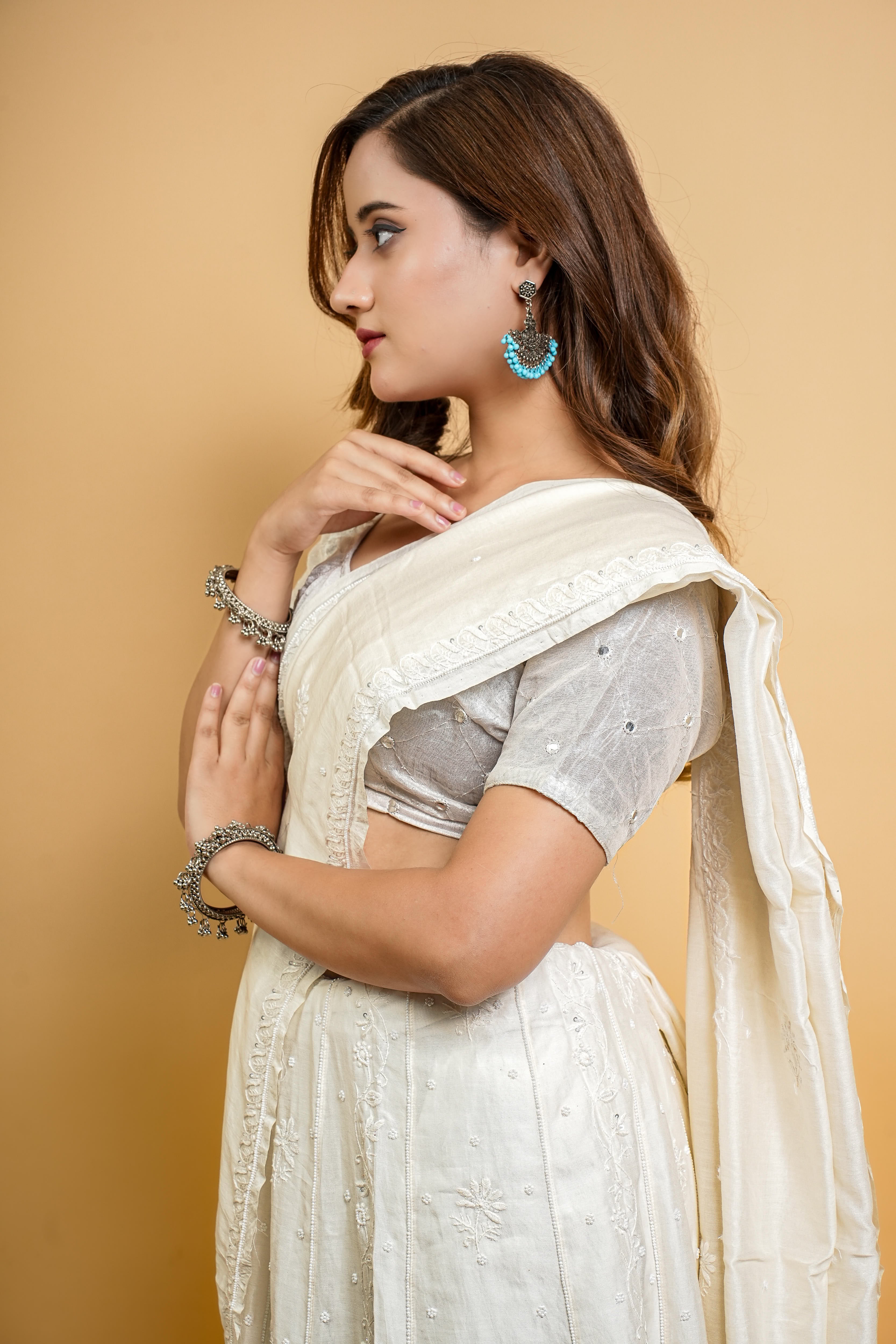 Mul Chanderi Chikankari Lehenga with All Over Work(Off-White, Dyeable)