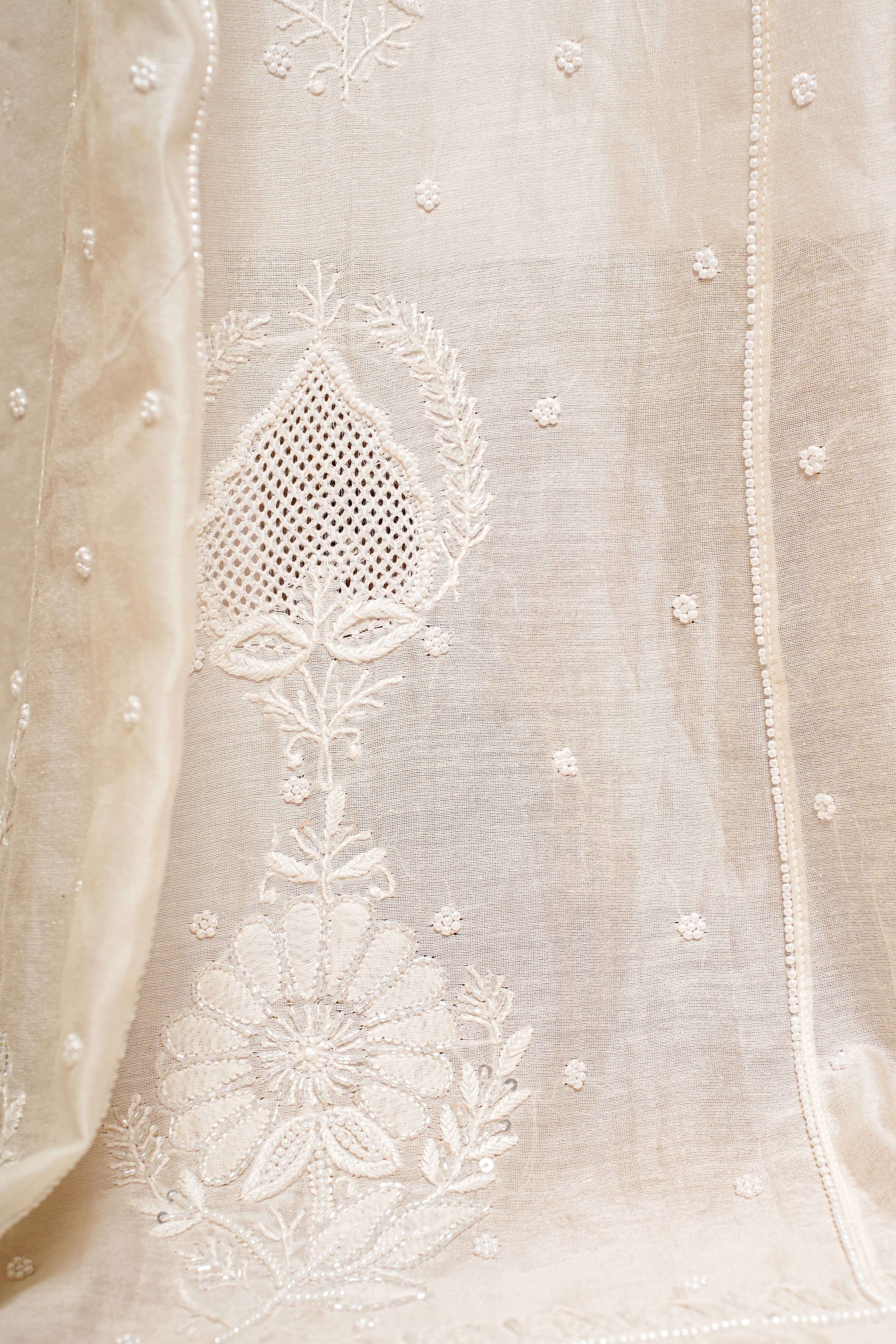 Mul Chanderi Chikankari Lehenga with All Over Work(Off-White, Dyeable)