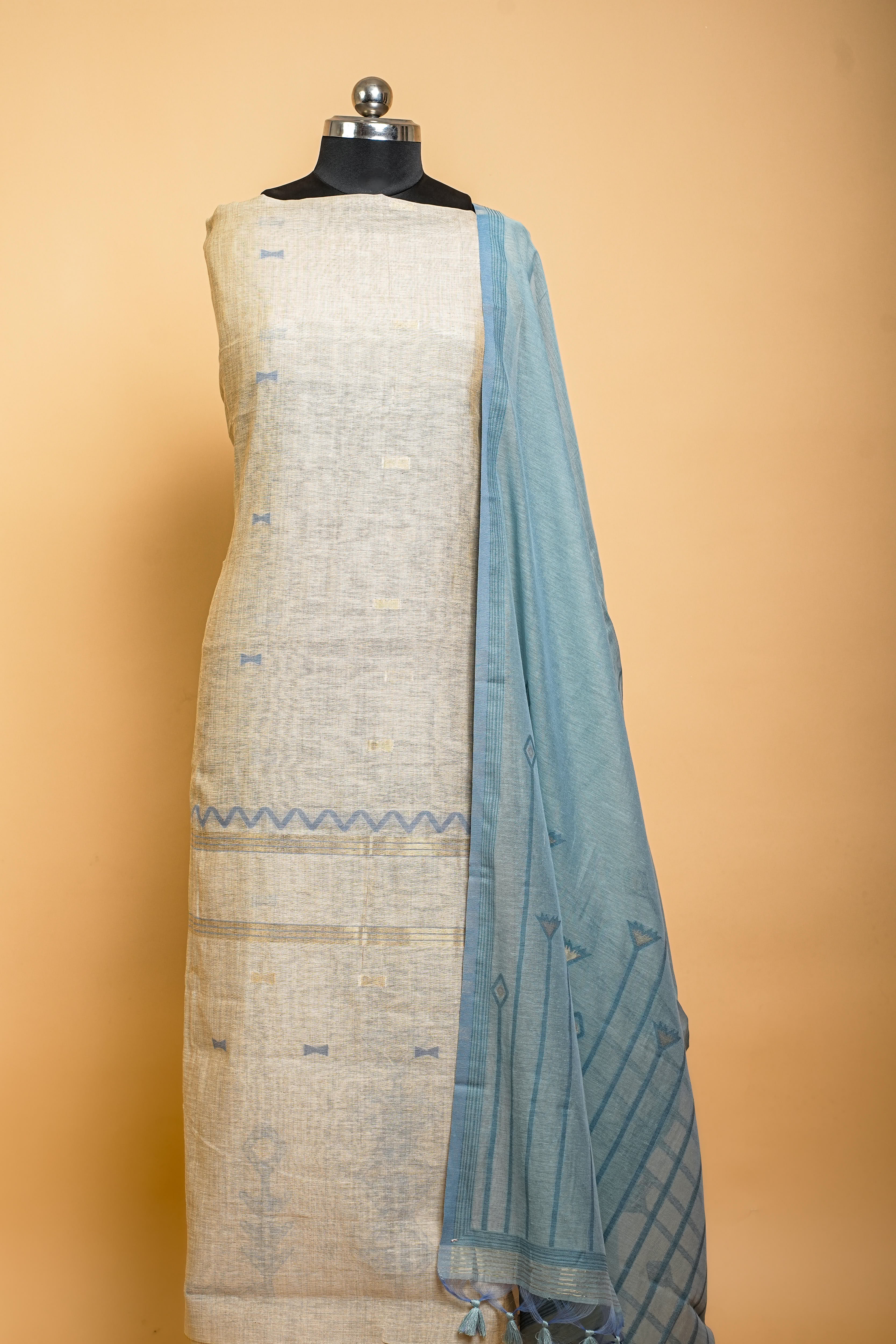 Linen Suit (2 Piece, Unstitched, Beige/Teal Blue)